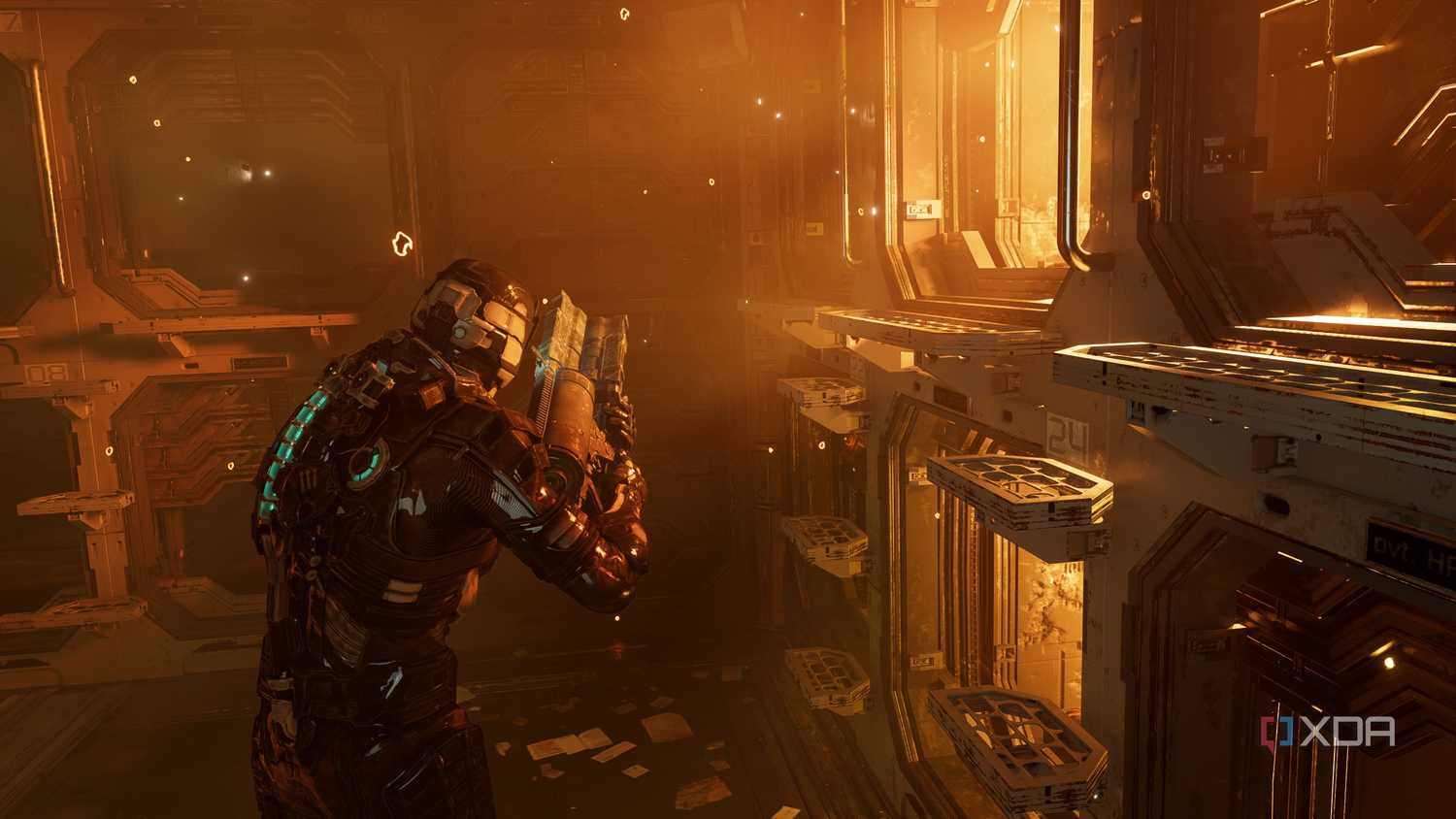 Isaac standing in the USS Kellion in Dead Space (2023).