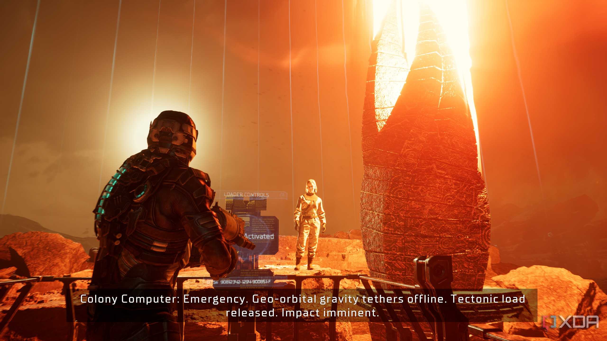 Isaac looking at Nicole and the Marker in Dead Space (2023).