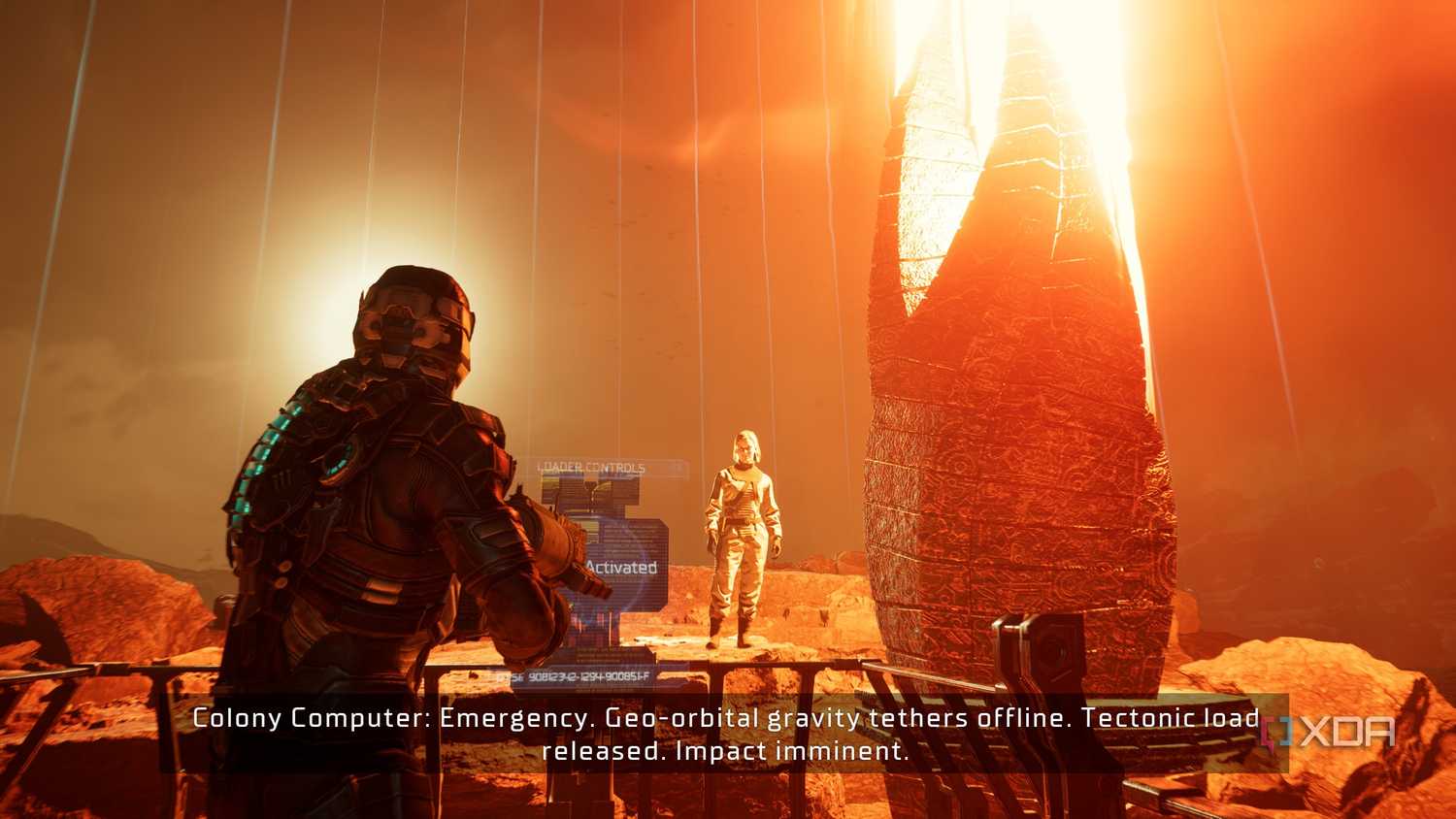 Isaac looking at Nicole and the Marker in Dead Space (2023).