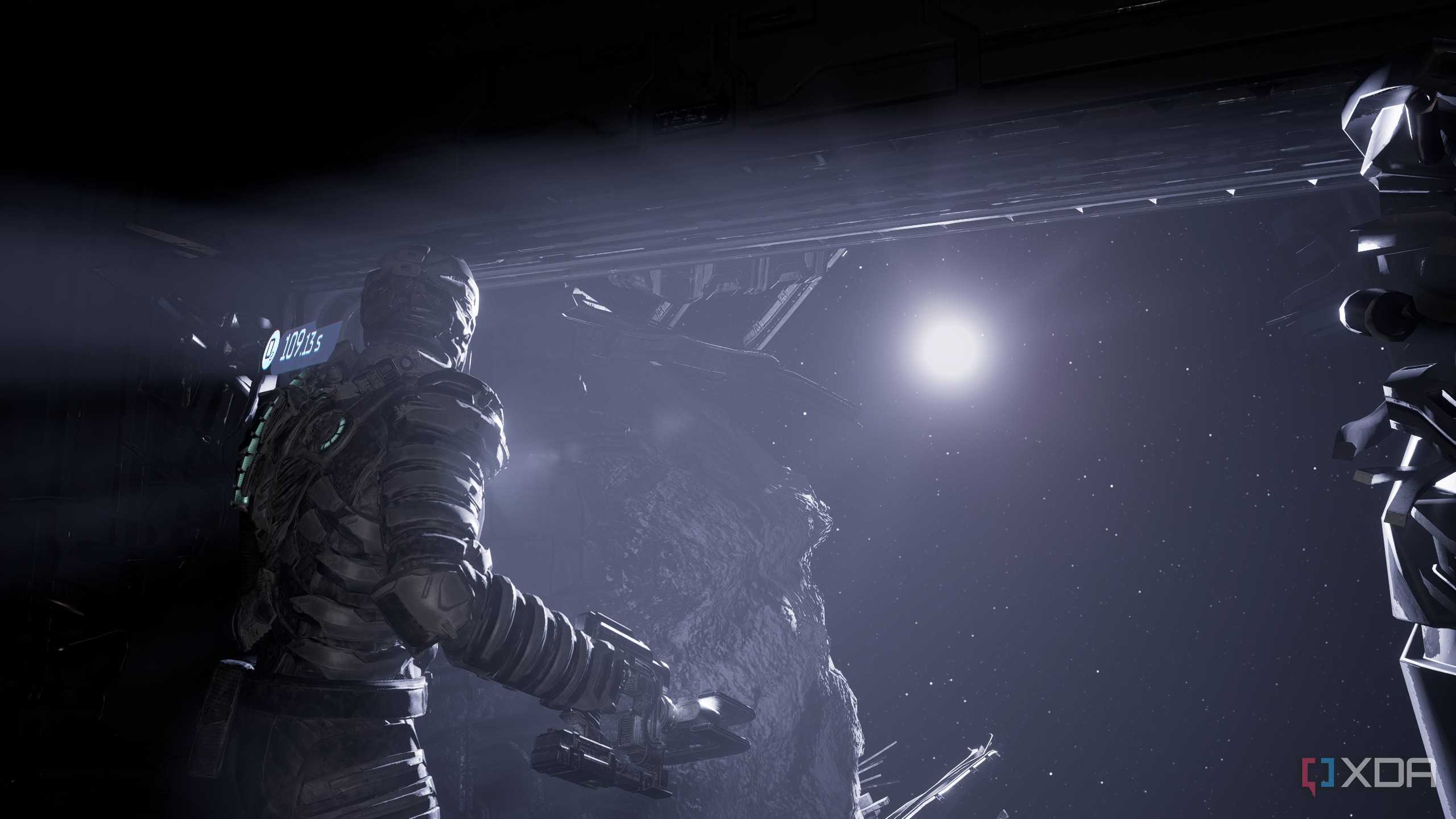 Isaac looking at outer space in Dead Space (2023).