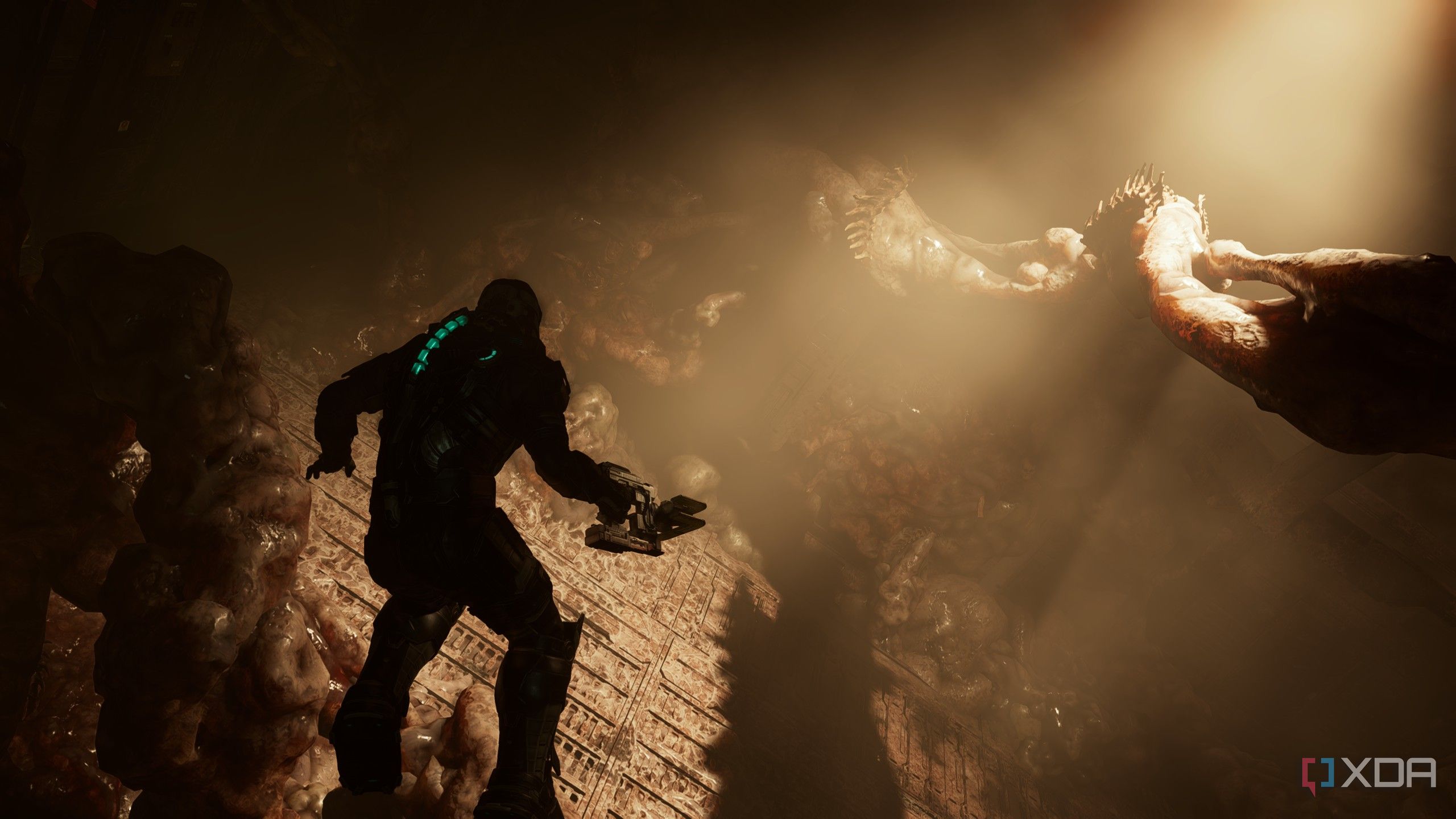 Isaac flying in Zero-G in Dead Space (2023).