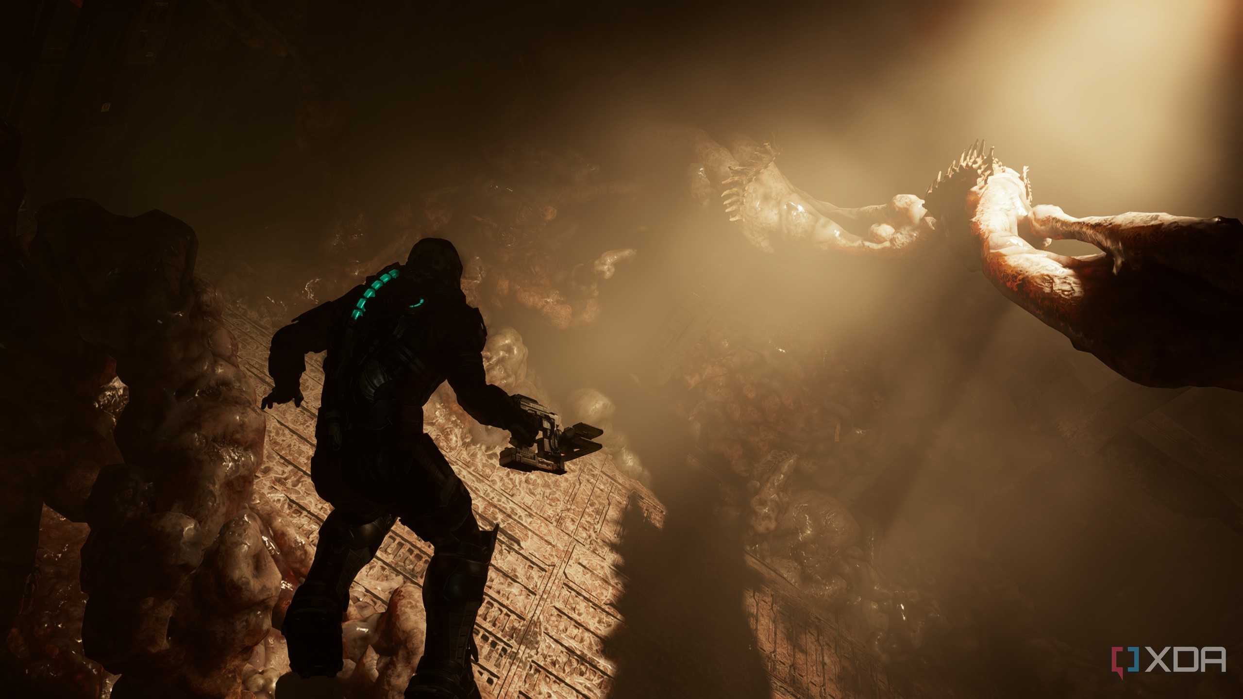 Isaac flying in Zero-G in Dead Space (2023).