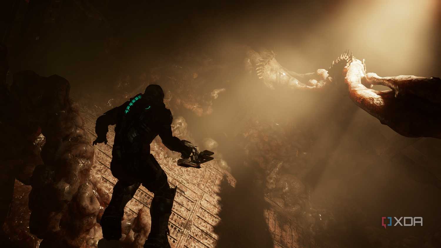 Isaac flying in Zero-G in Dead Space (2023).