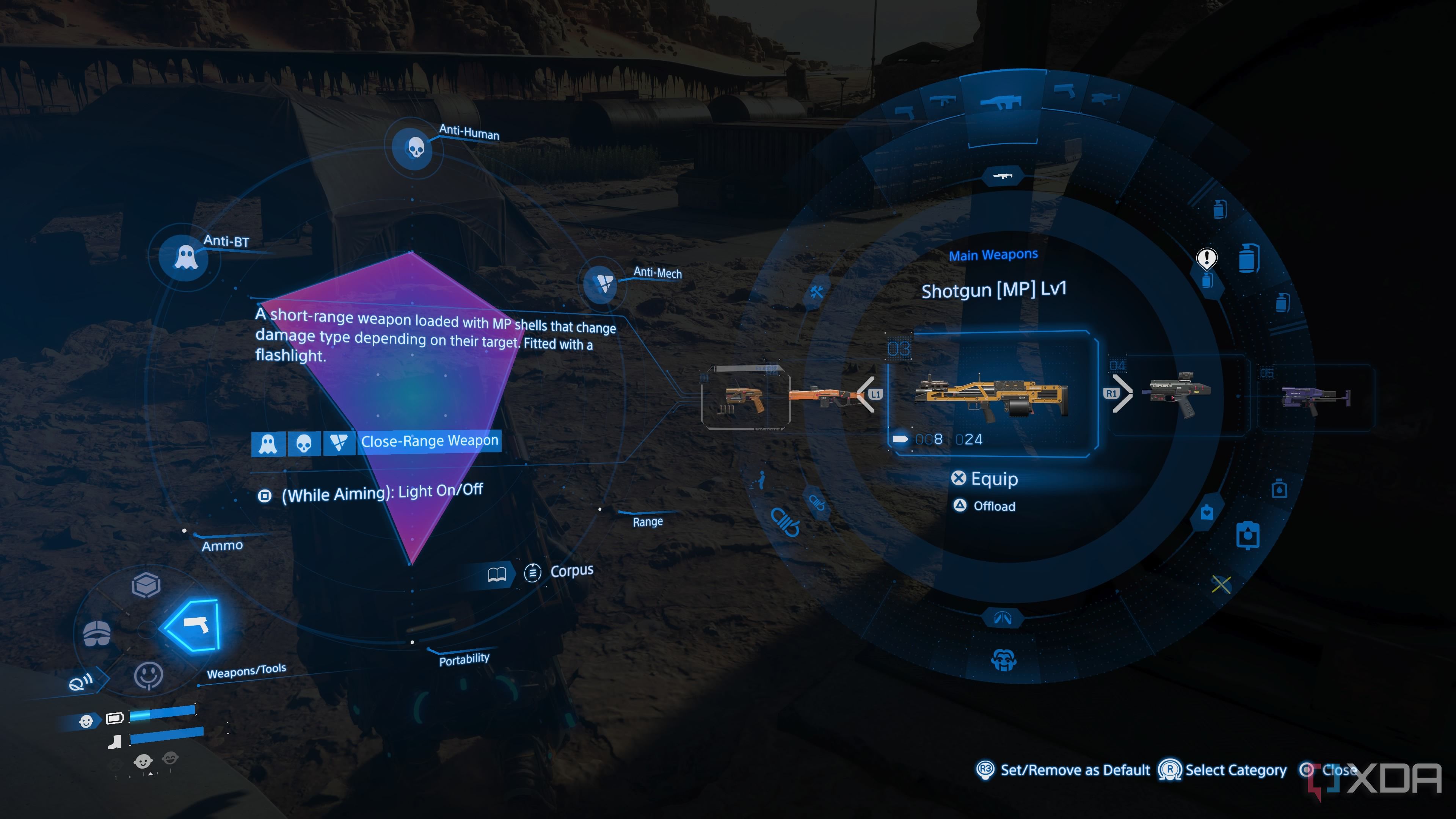 The radial menu for weapon selection in Death Stranding 2.