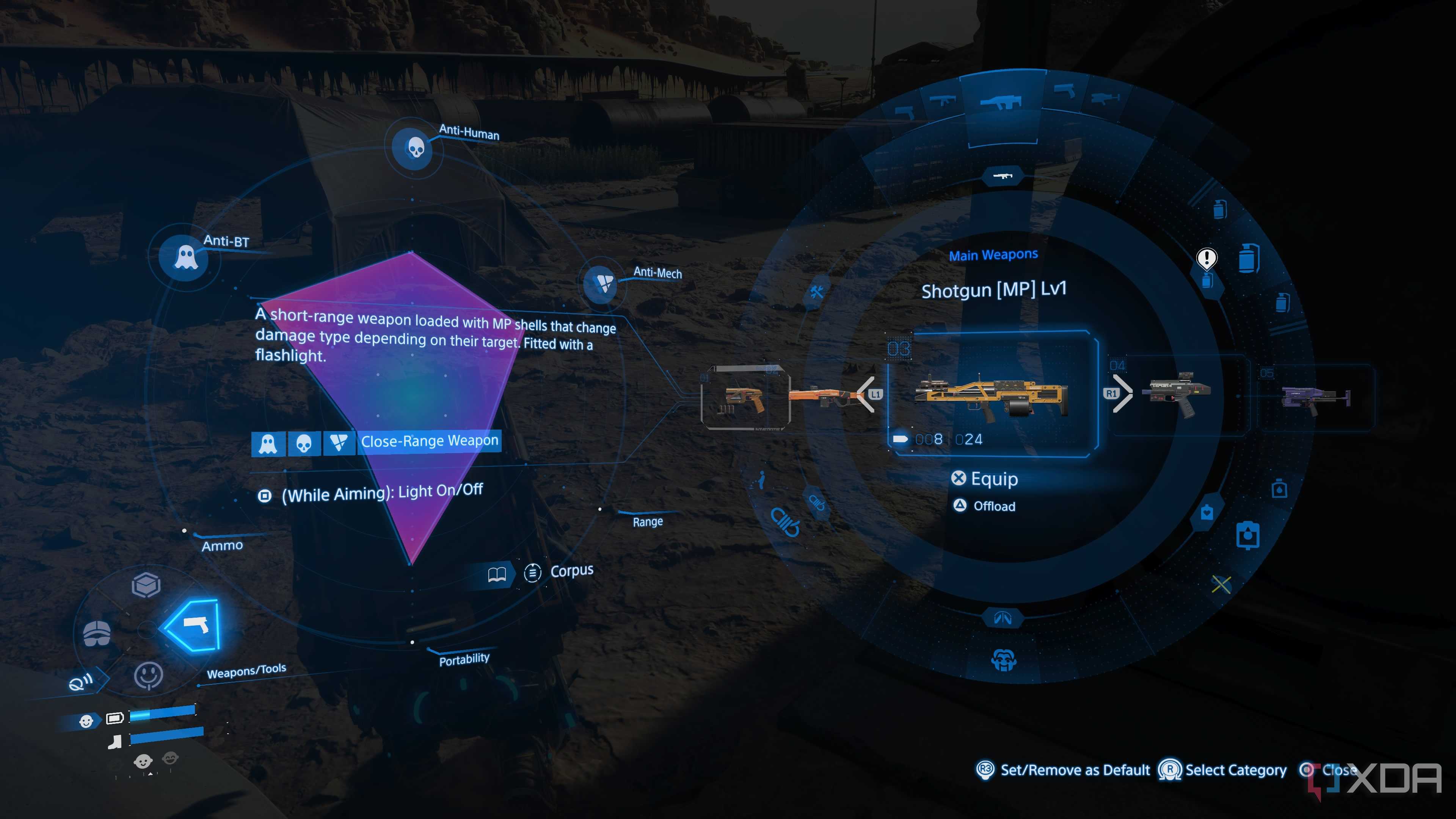 The radial menu for weapon selection in Death Stranding 2.