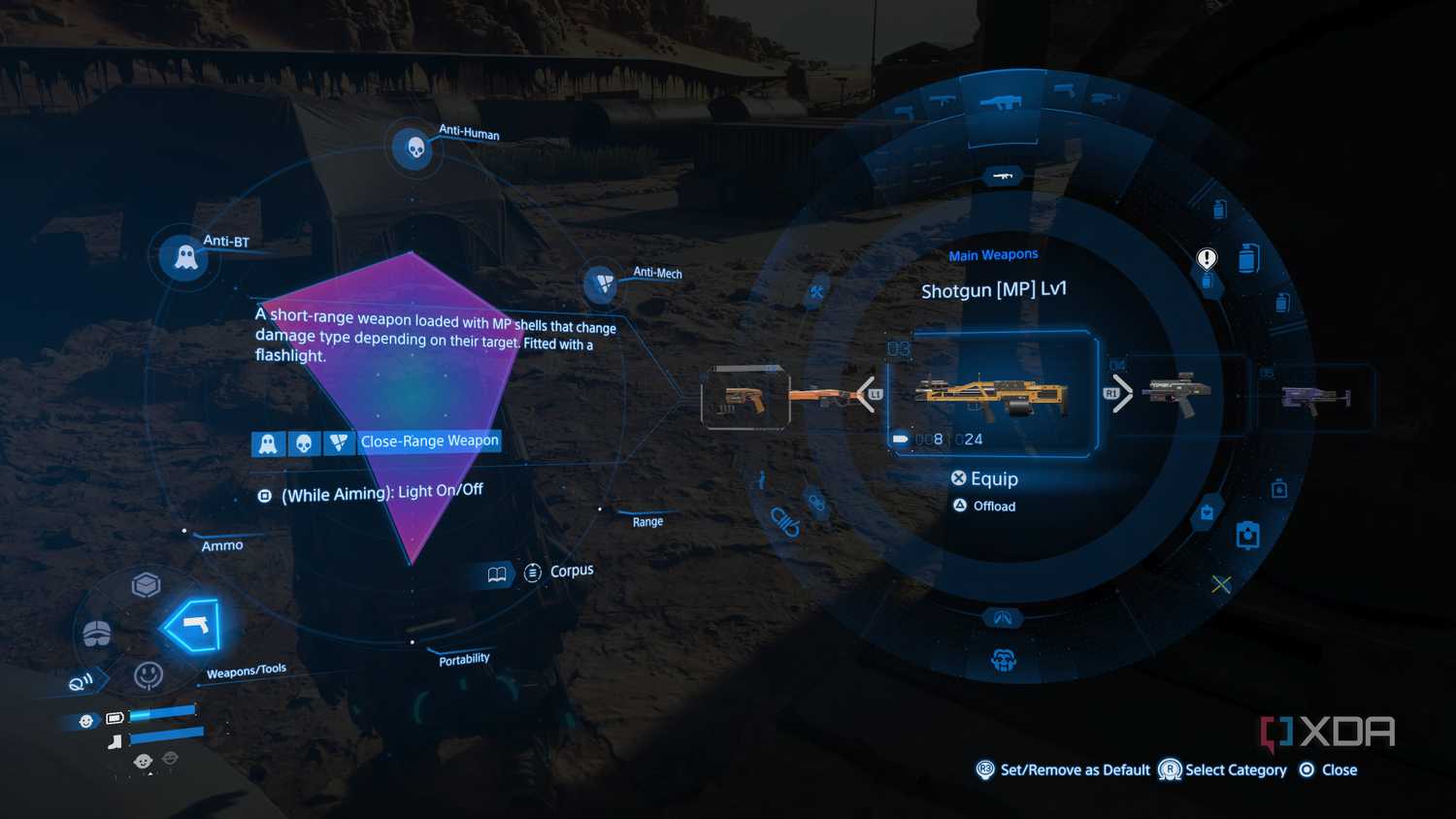 The radial menu for weapon selection in Death Stranding 2.
