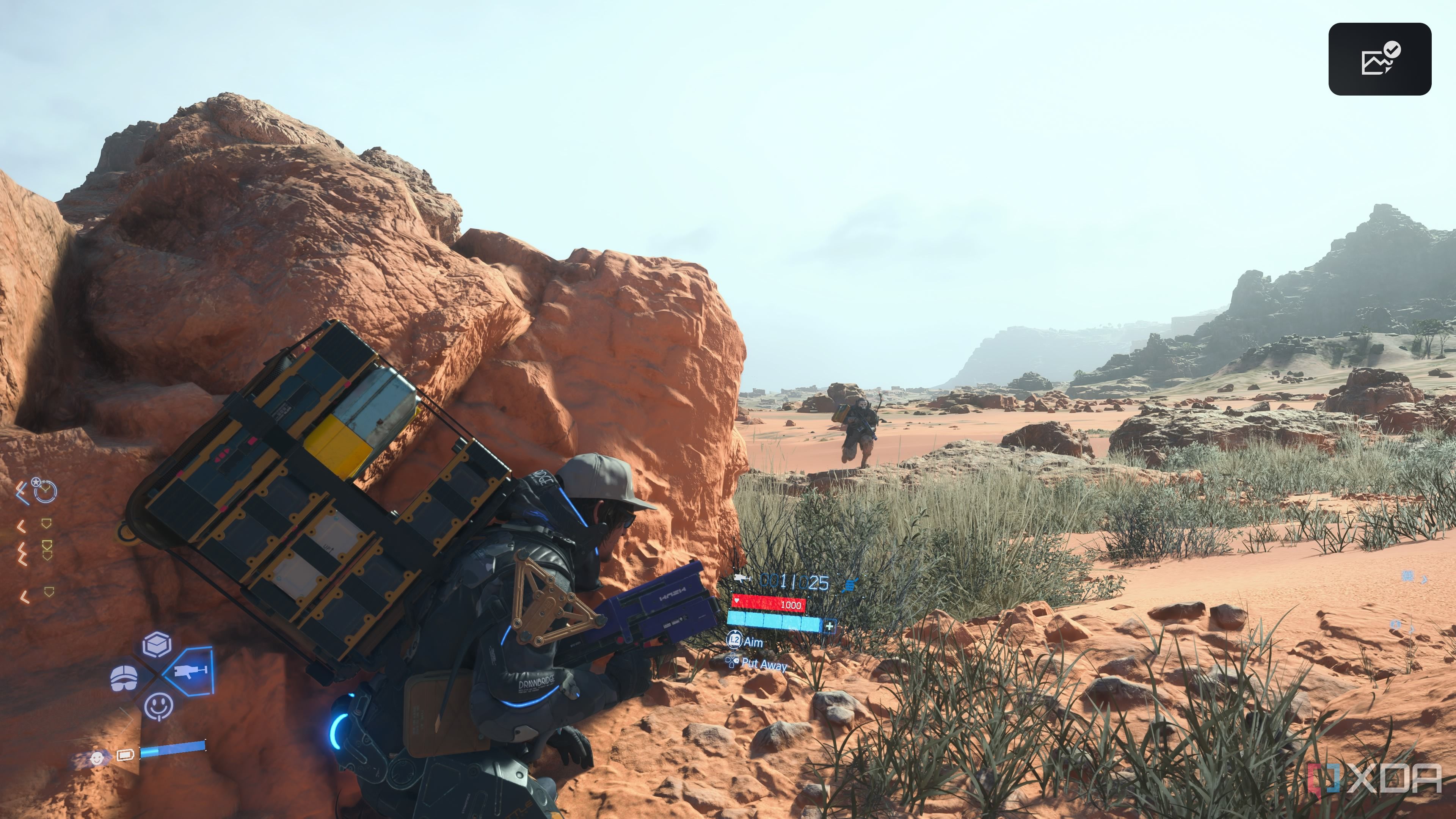 Sam crouching in cover in Death Stranding 2.