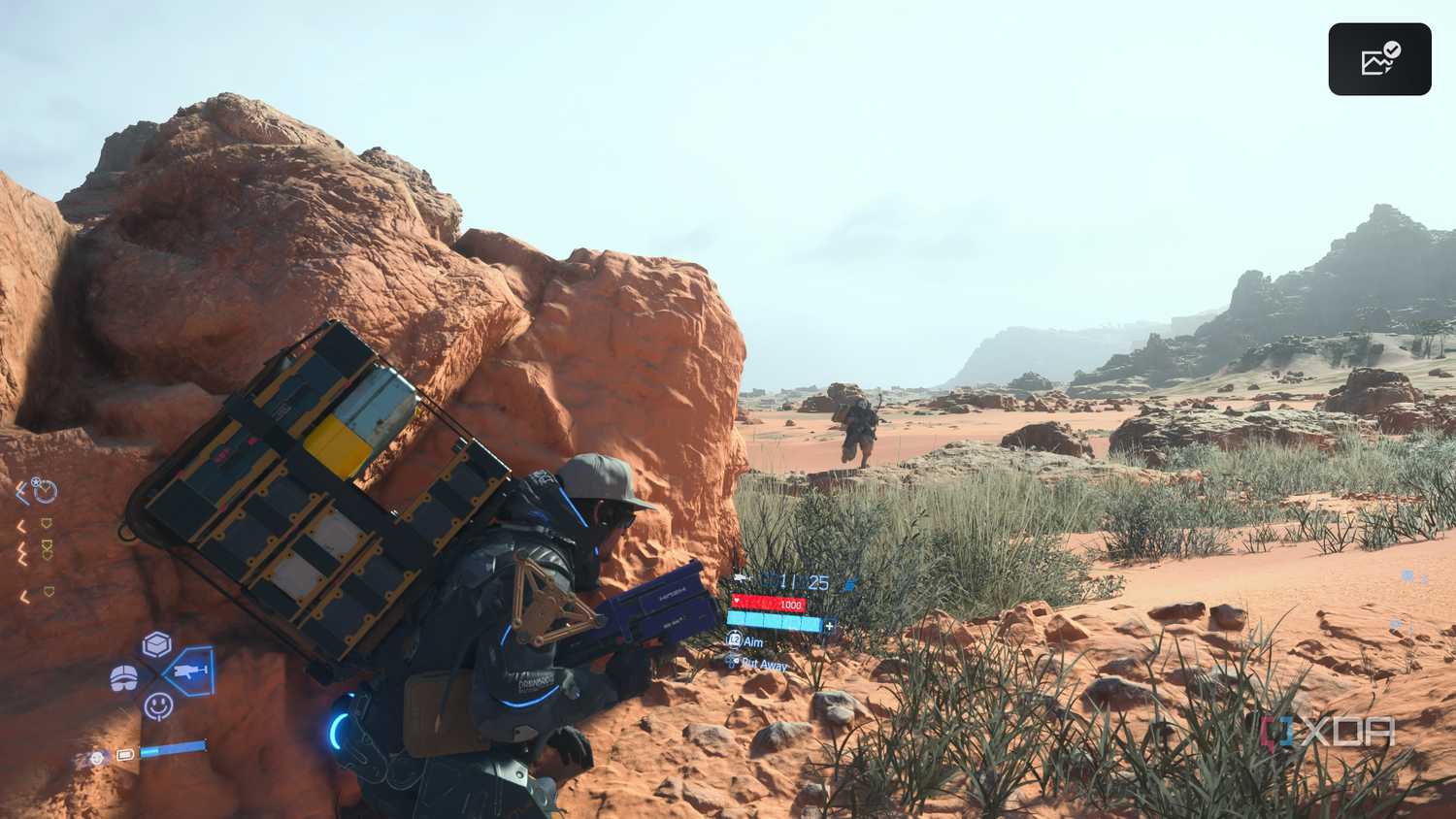 Sam crouching in cover in Death Stranding 2.