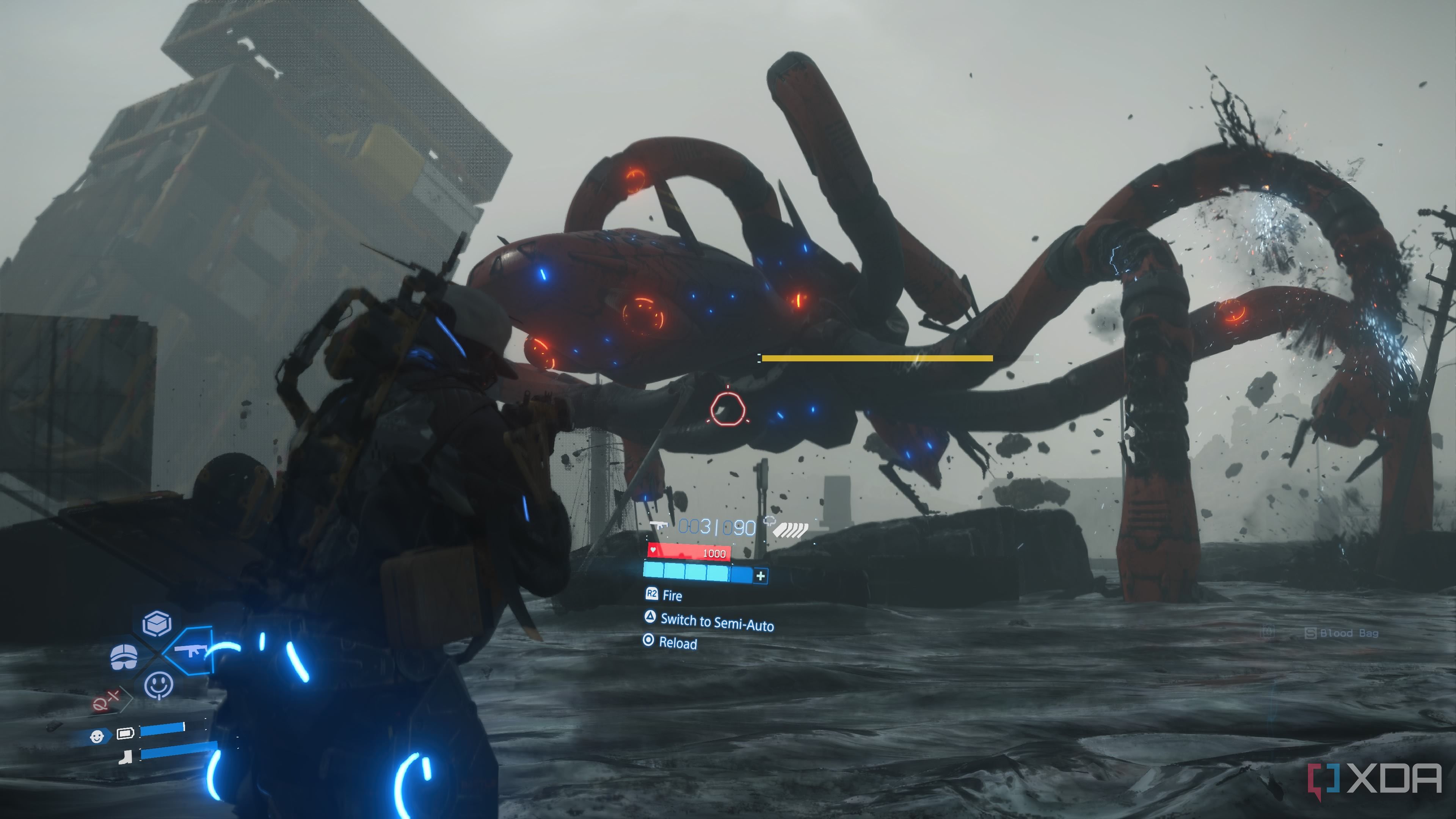 Fighting a giant mecha BT in Death Stranding 2.