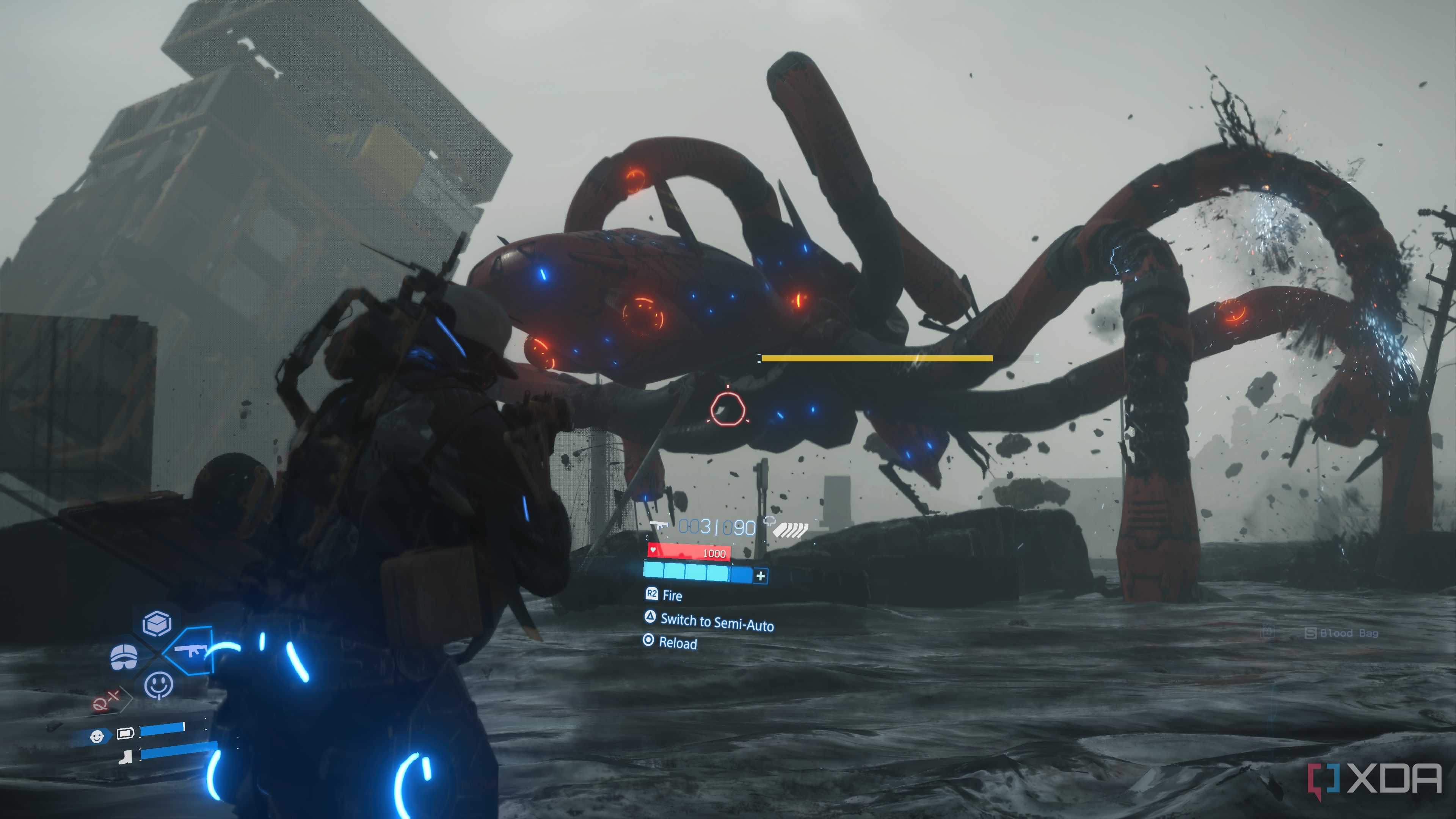 Fighting a giant mecha BT in Death Stranding 2.