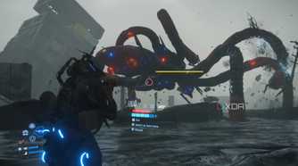 Fighting a giant mecha BT in Death Stranding 2.