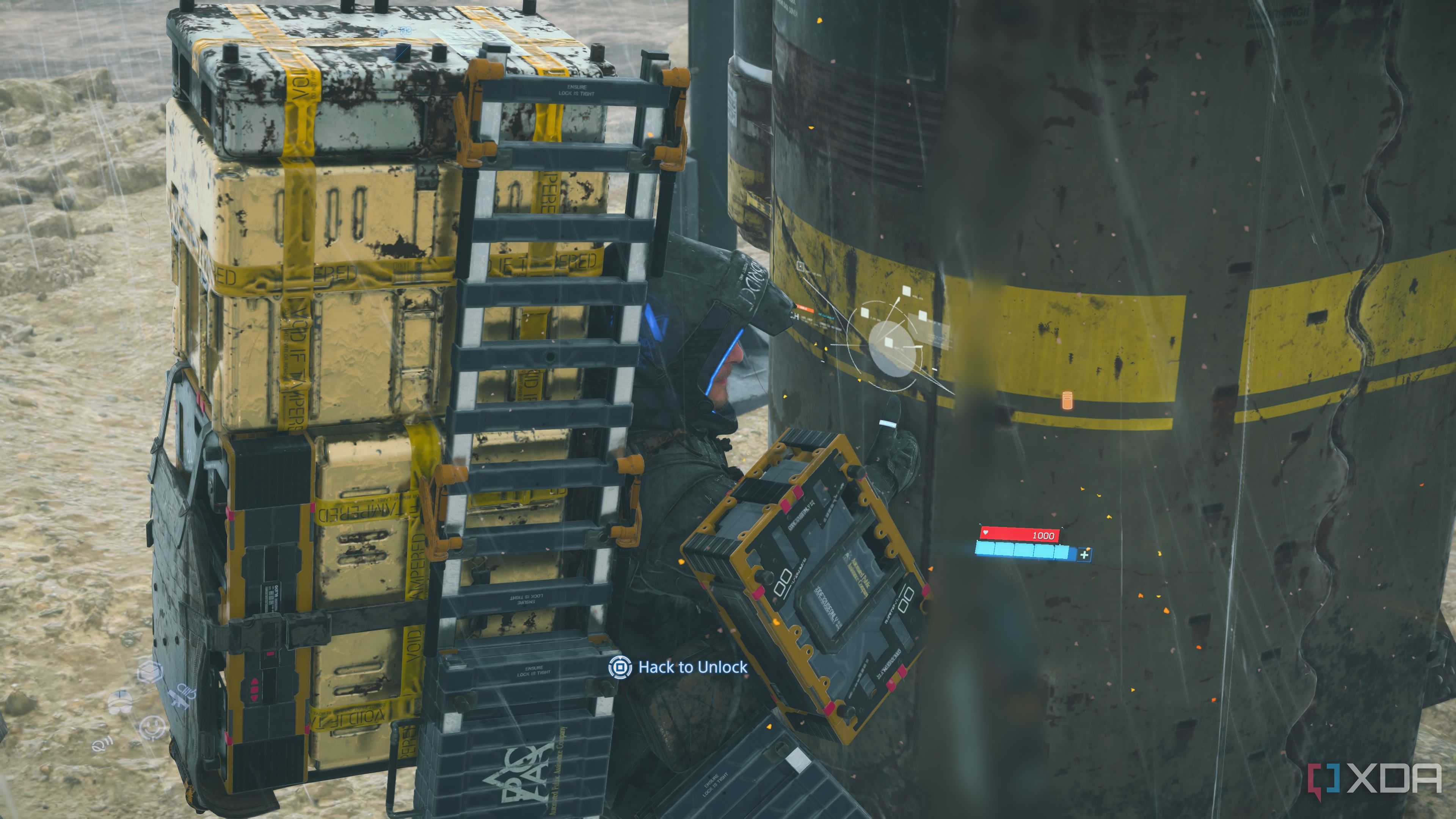 Sam hacking a MULE postbox in Death Stranding 2.