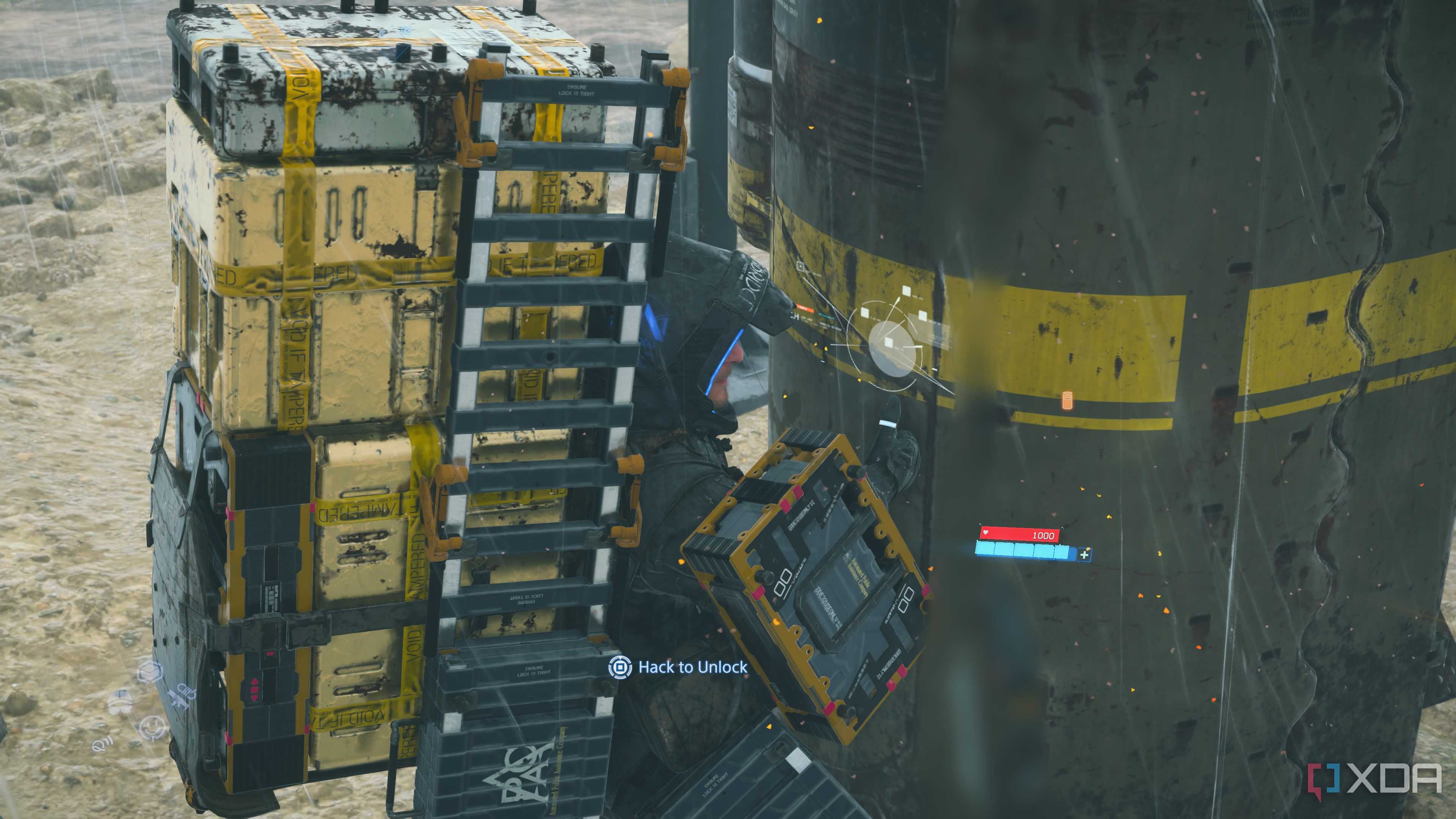Sam hacking a MULE postbox in Death Stranding 2.