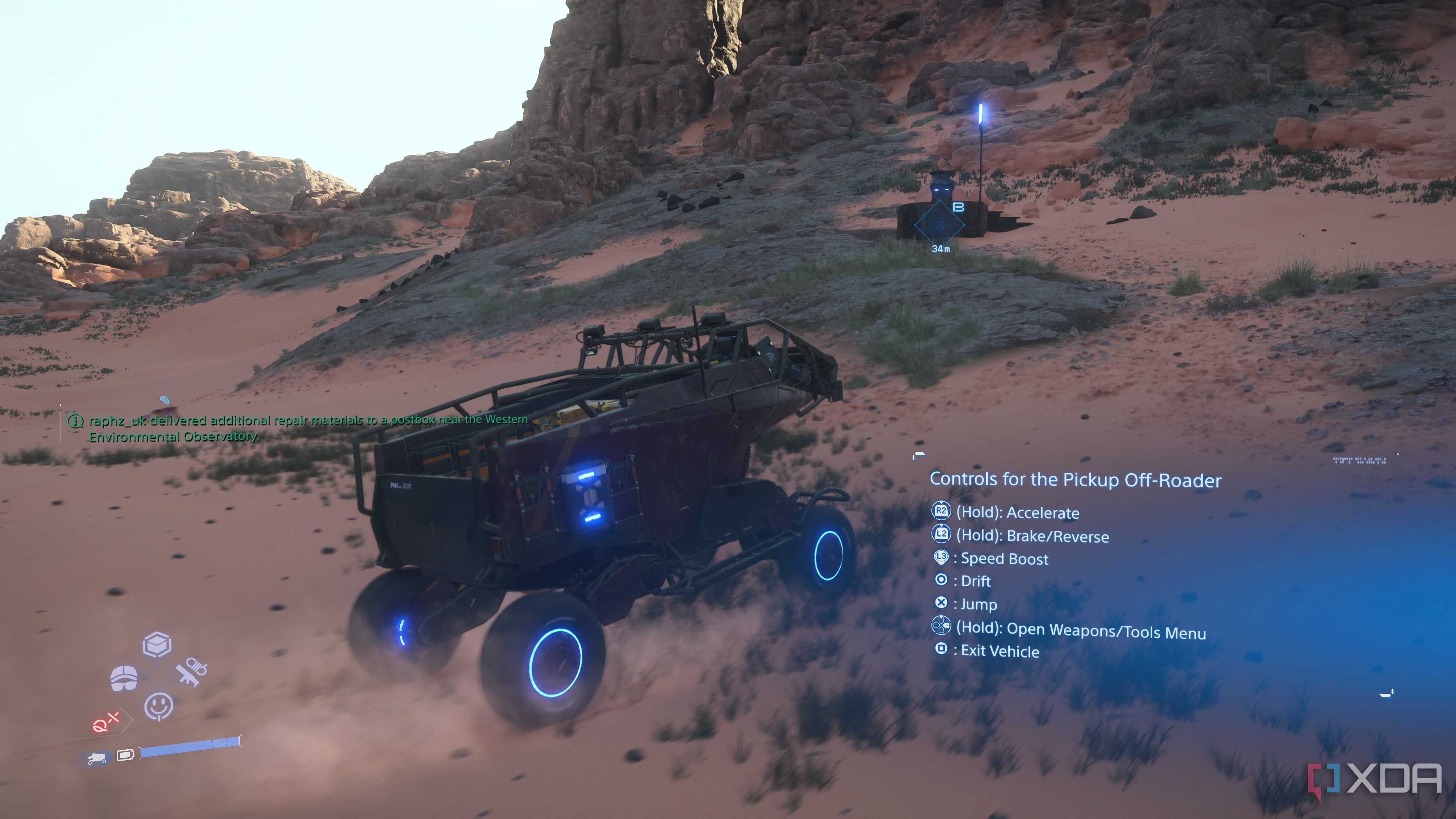 Driving the off-roader pickup in Death Stranding 2.