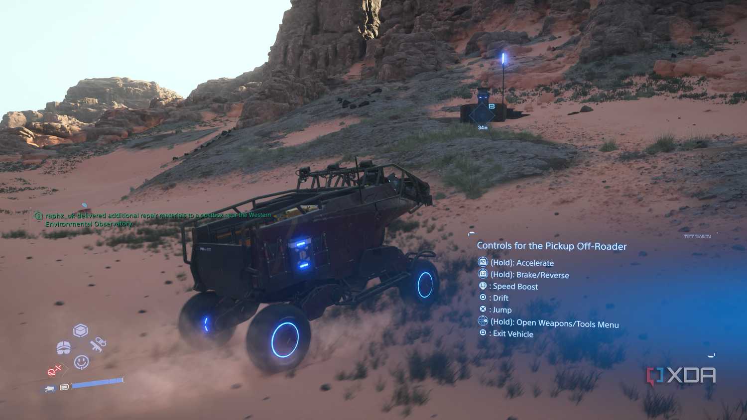 Driving the off-roader pickup in Death Stranding 2.