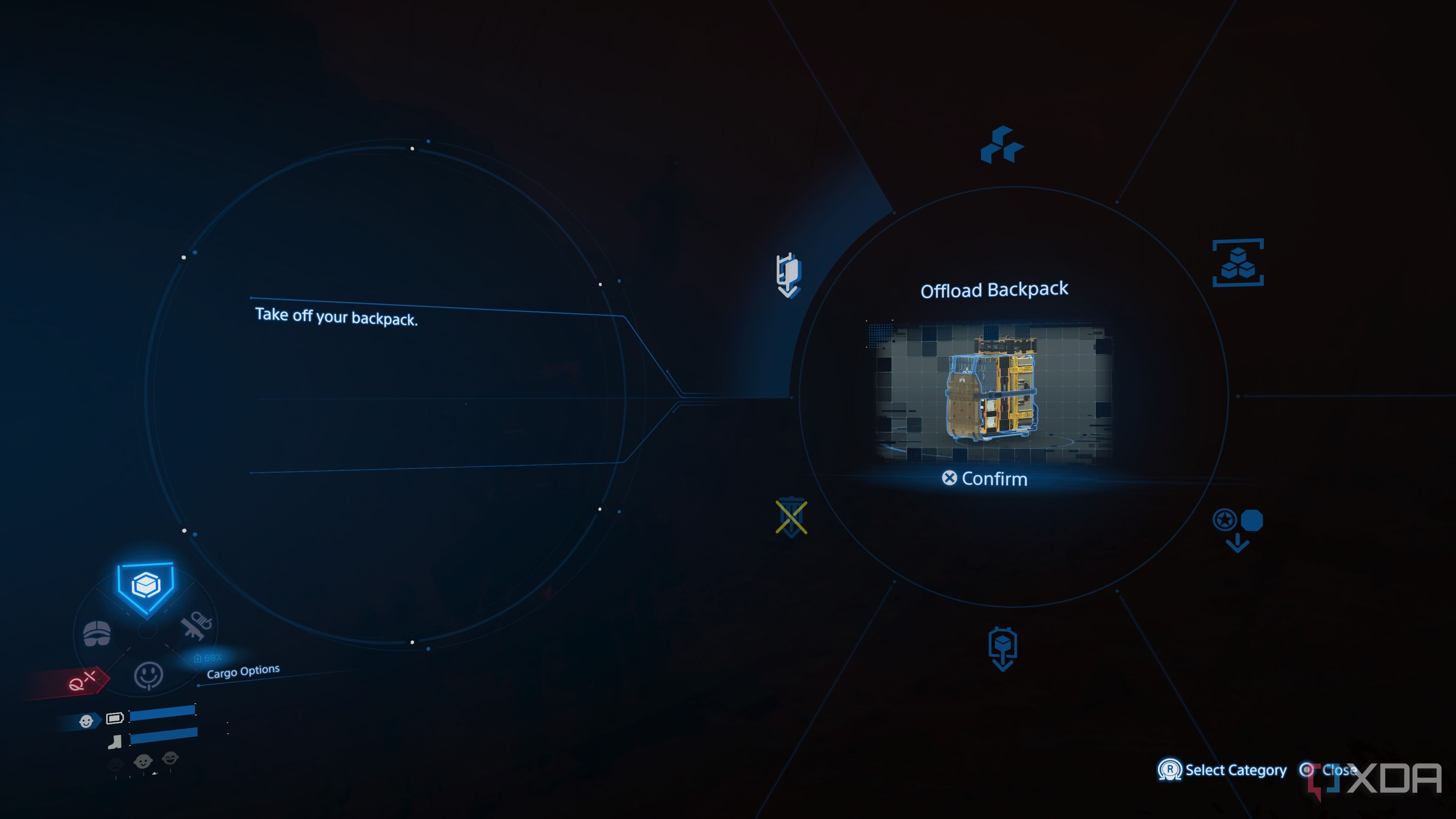 The radial menu for cargo management in Death Stranding 2.