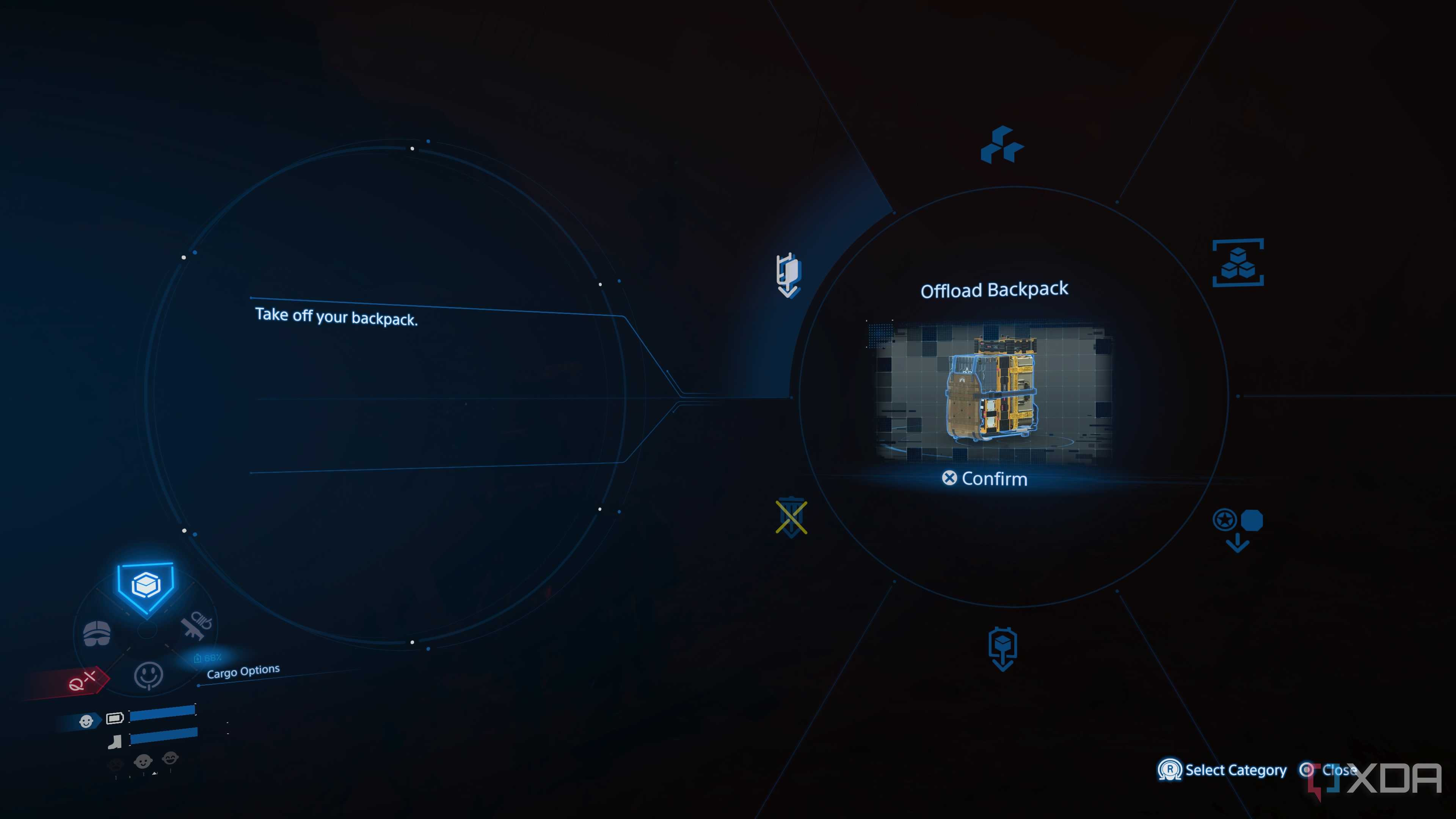 The radial menu for cargo management in Death Stranding 2.