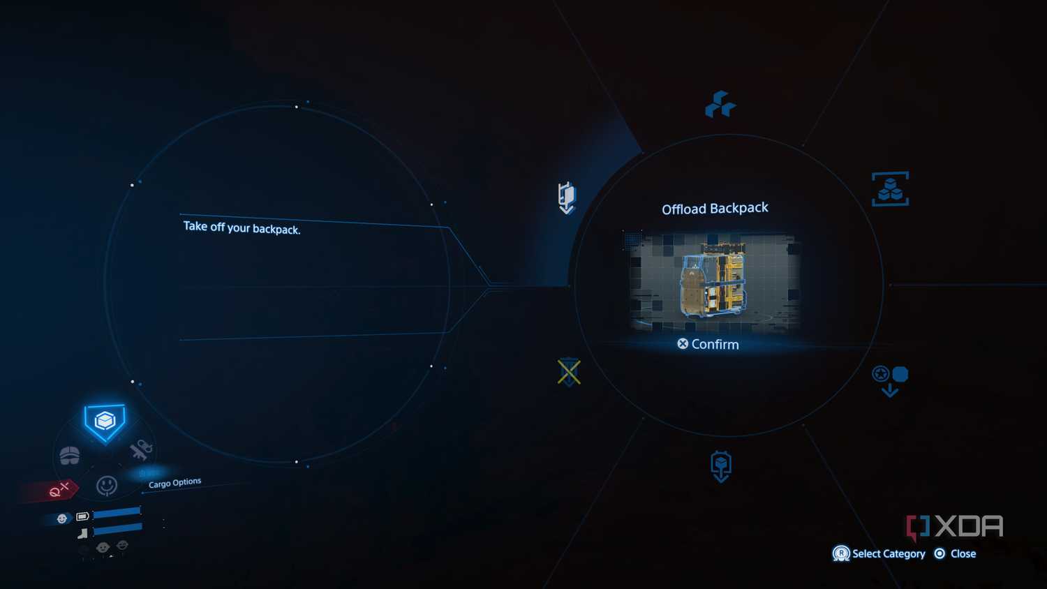The radial menu for cargo management in Death Stranding 2.