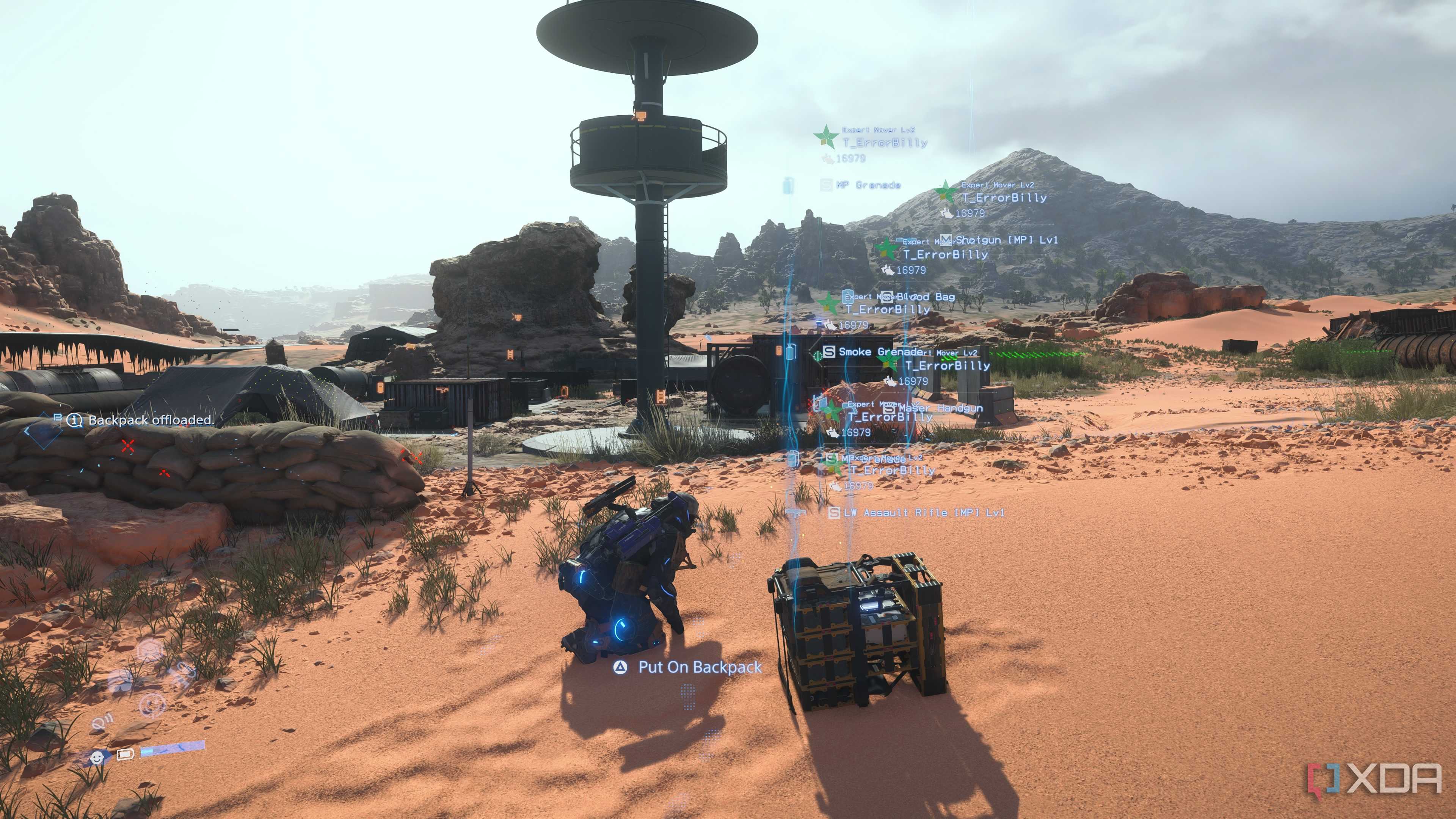 Off-loading the backpack in Death Stranding 2.