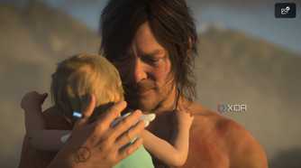 Sam holding Lou on the beach in Death Stranding 2.