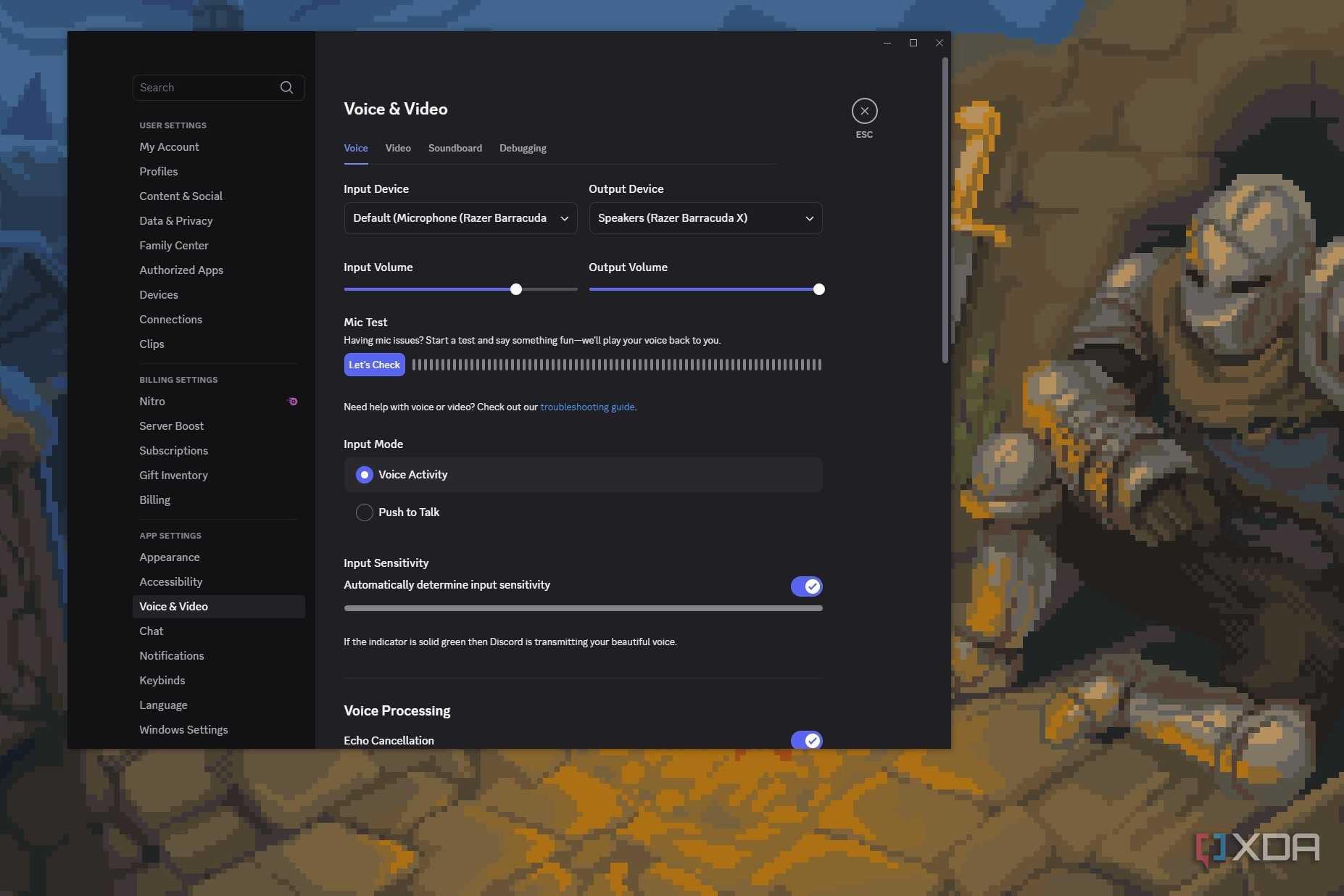 Screenshot showing voice and audio settings in Discord