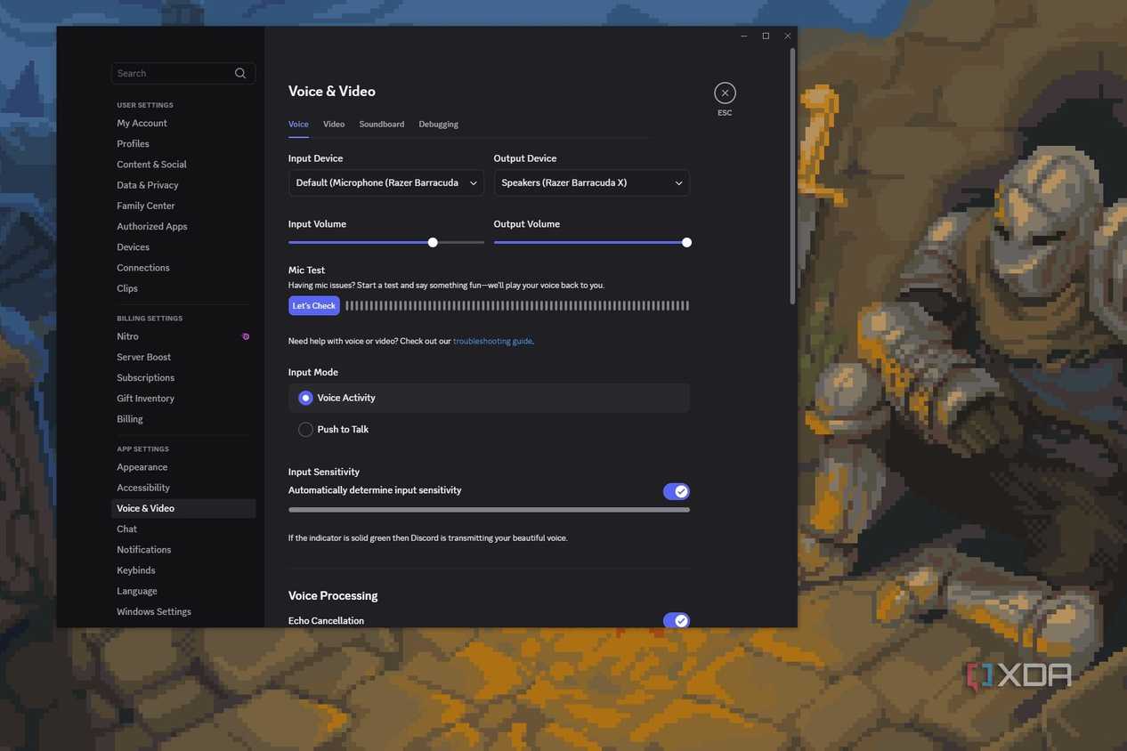 Screenshot showing voice and audio settings in Discord