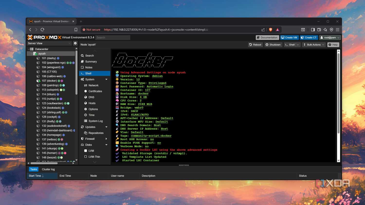 Running the script to install the Docker LXC on Proxmox