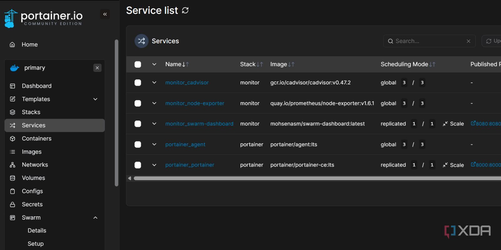 screenshot of docker portainer create service list
