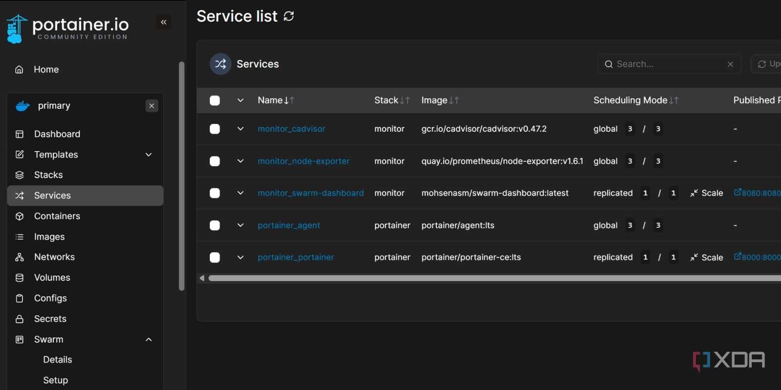 screenshot of docker portainer create service list