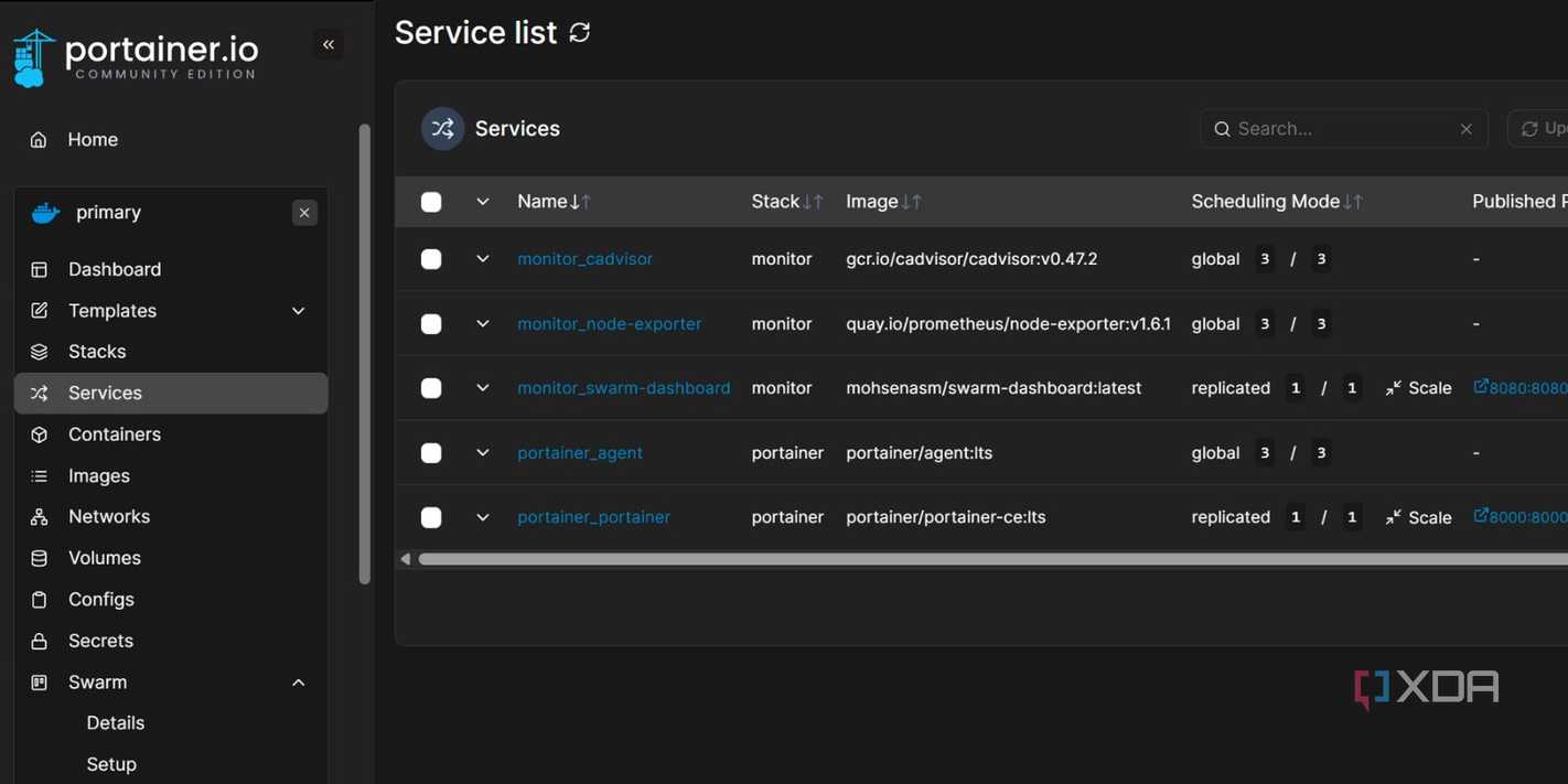 screenshot of docker portainer create service list