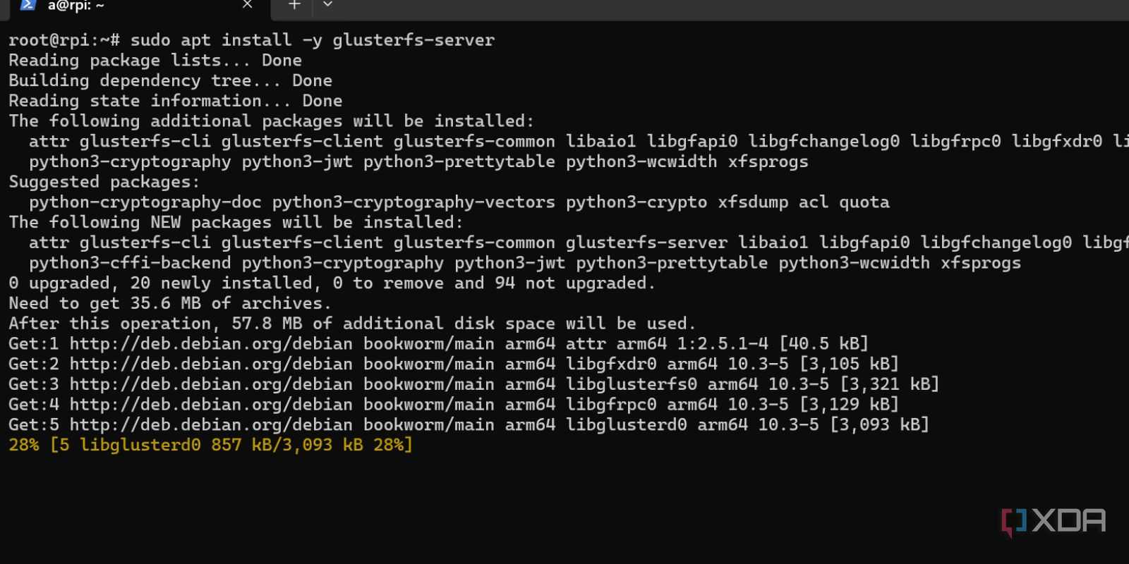 screenshot of docker swarm installing glusterfs