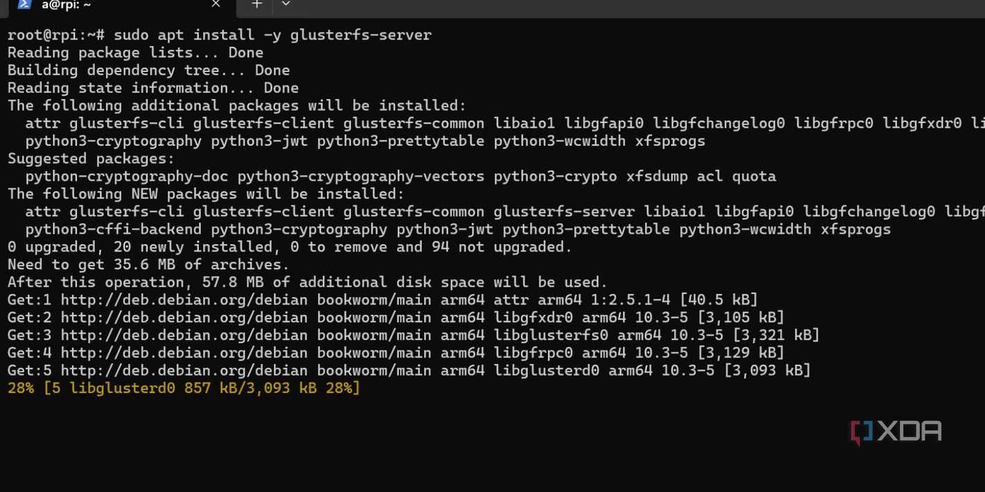 screenshot of docker swarm installing glusterfs