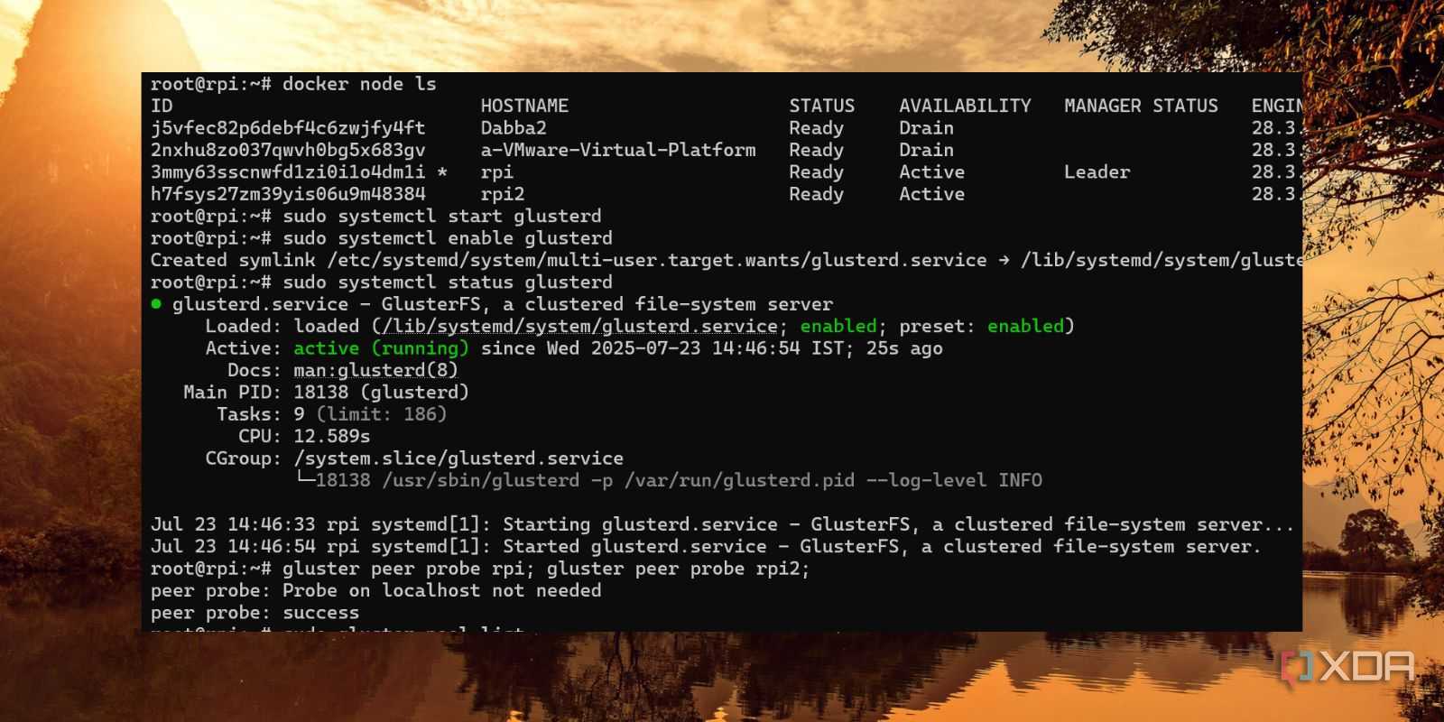 screenshot of docker swarm status glusterfs