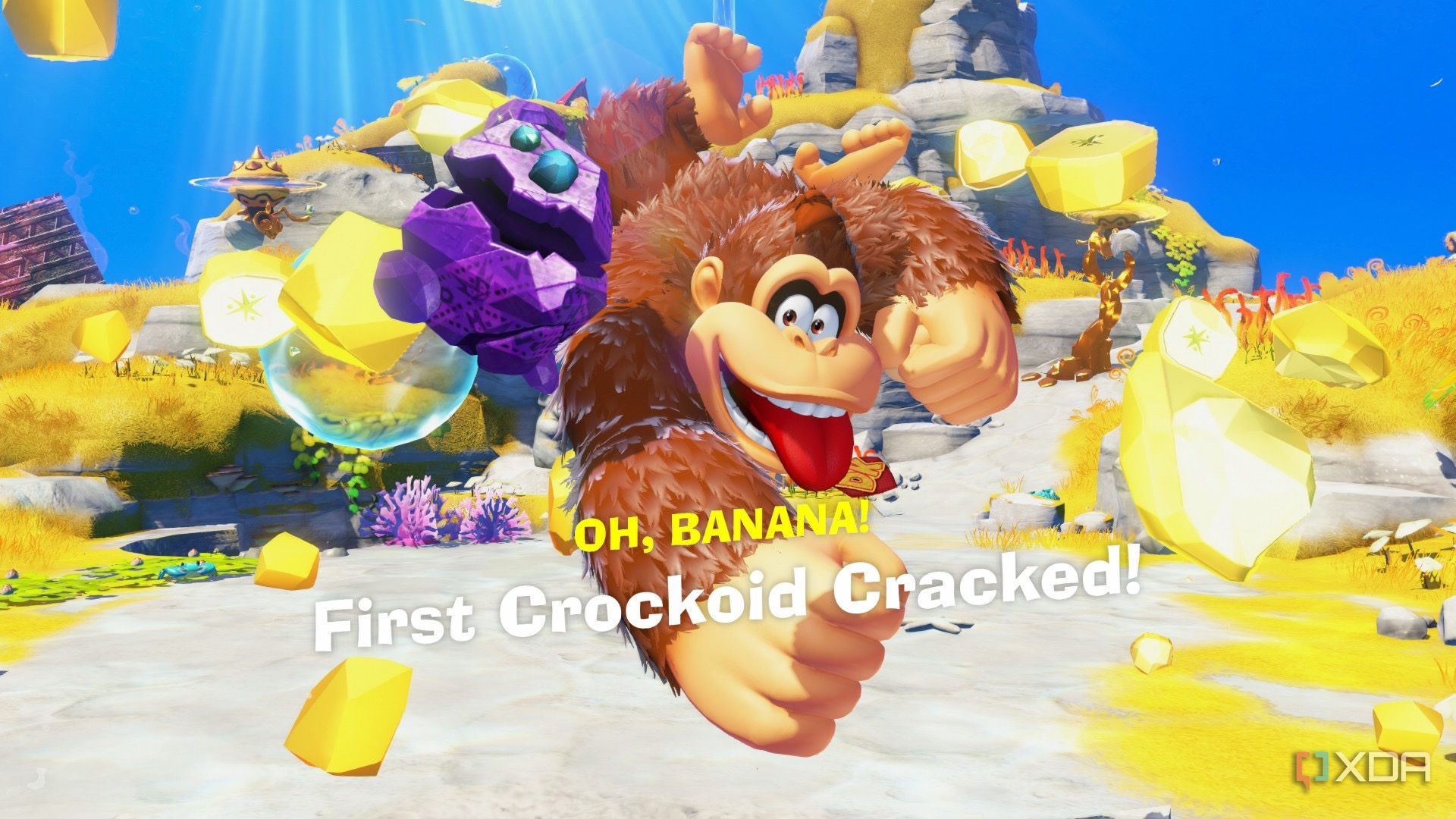 A screenshot of DK finding a Banandium Gem in Donkey Kong Bananza