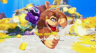 A screenshot of DK finding a Banandium Gem in Donkey Kong Bananza