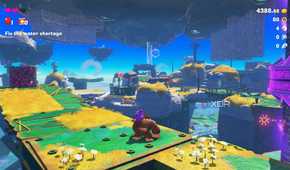 A screenshot of DK exploring a new location in Donkey Kong Bananza