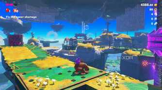 A screenshot of DK exploring a new location in Donkey Kong Bananza
