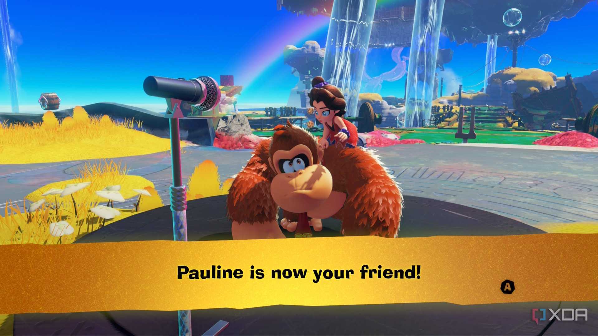 A screenshot of DK and Pauline teaming up for the first time in Donkey Kong Bananza