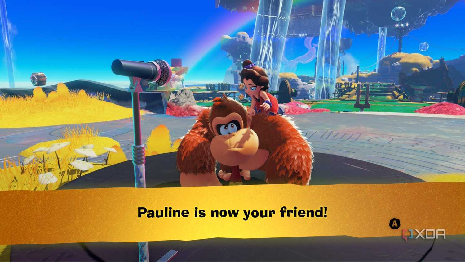 A screenshot of DK and Pauline teaming up for the first time in Donkey Kong Bananza