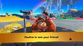 A screenshot of DK and Pauline teaming up for the first time in Donkey Kong Bananza