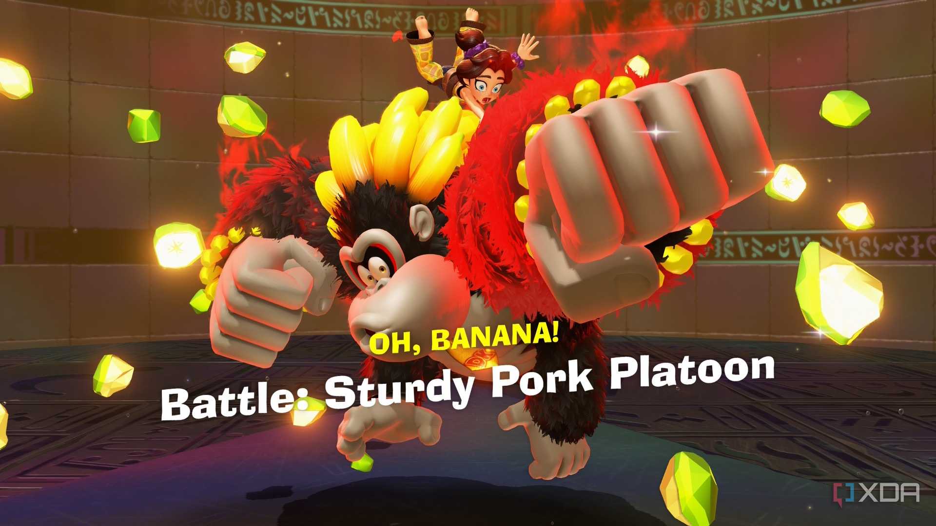 A screenshot of DK finding a Banandium Gem in Bananza Form from Donkey Kong Bananza