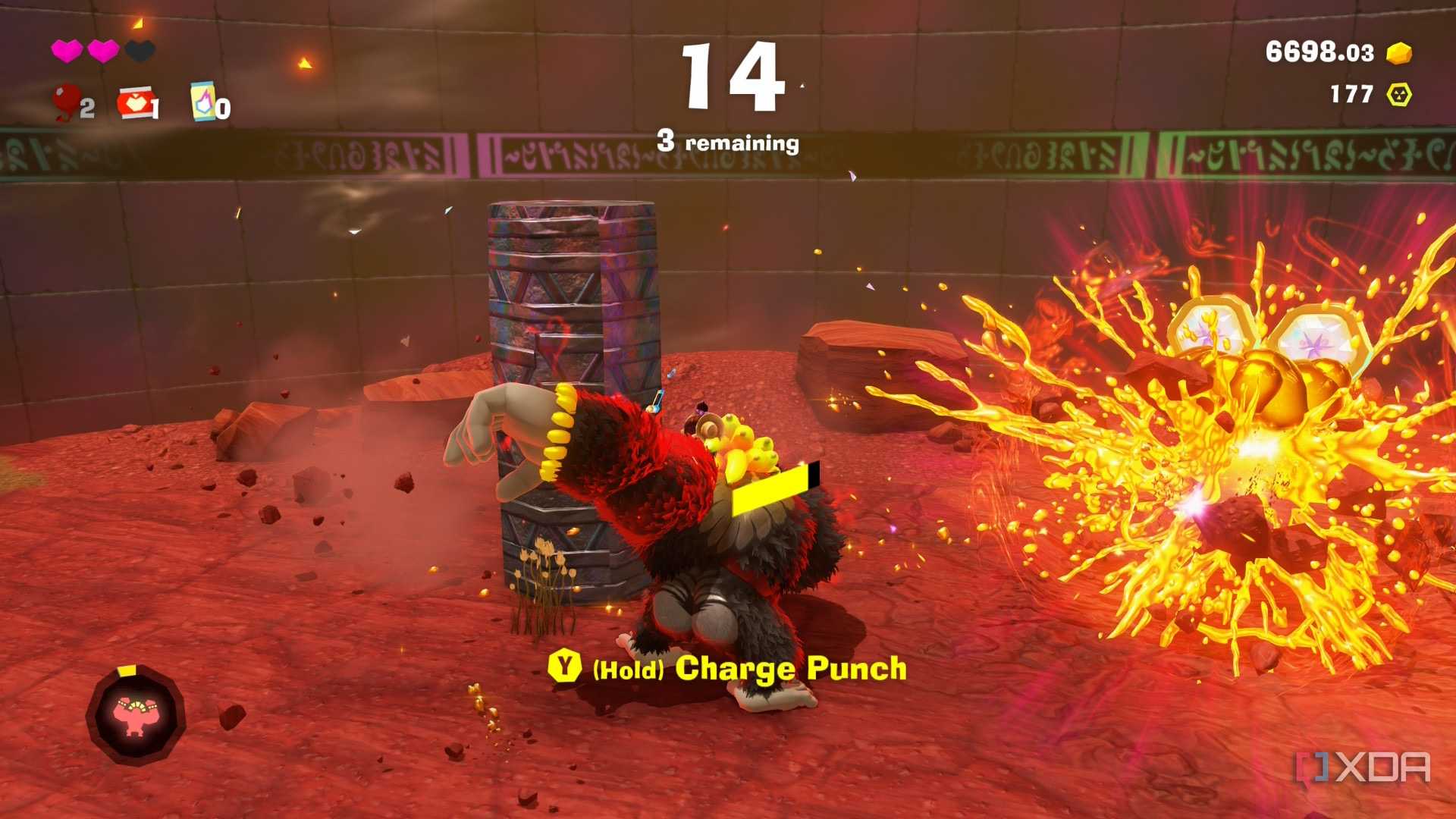 A screenshot of DK fighting in Bananza Form in Donkey Kong Bananza