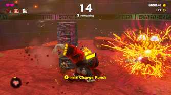 A screenshot of DK fighting in Bananza Form in Donkey Kong Bananza