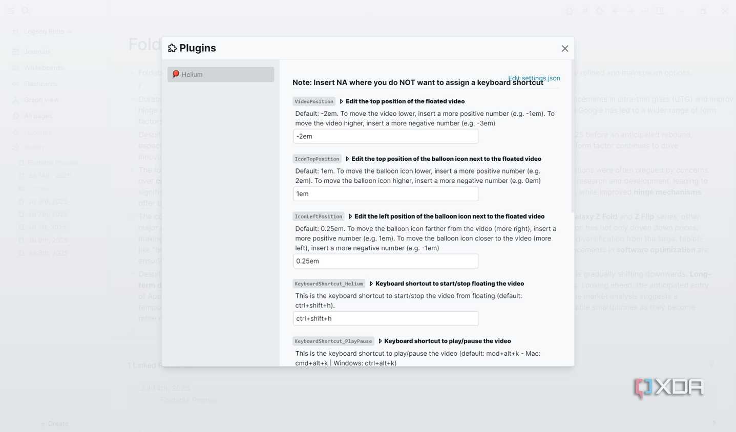 Edit Helium plugin settings