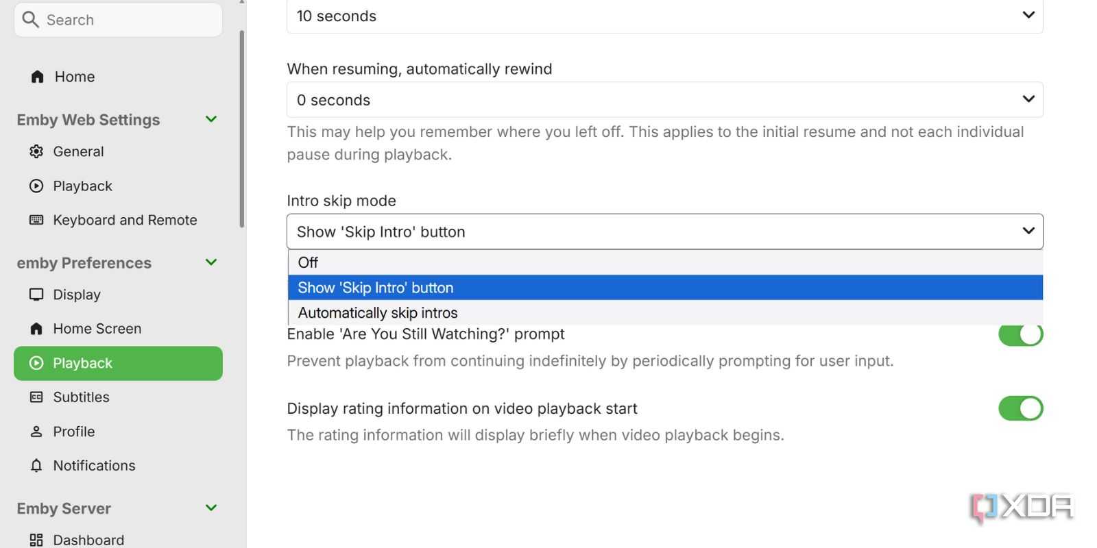 screenshot of emby playback settings page