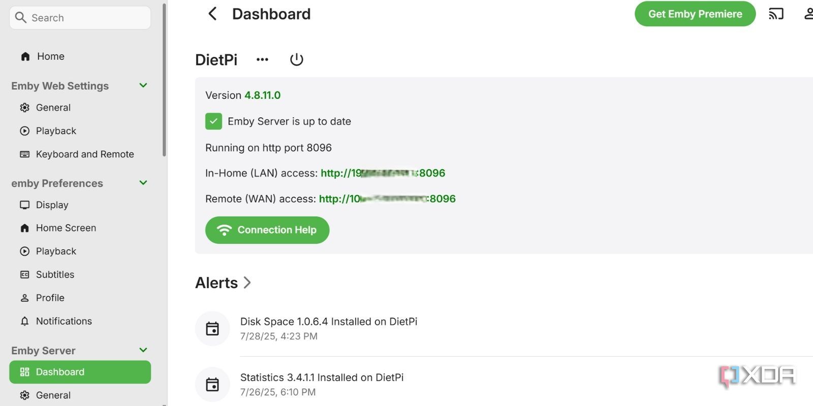 screenshot of emby settings page