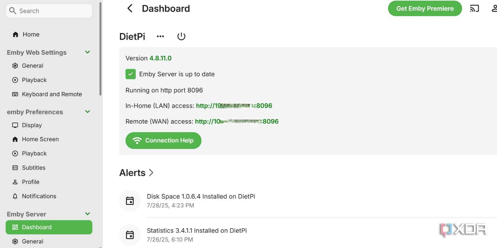 screenshot of emby settings page