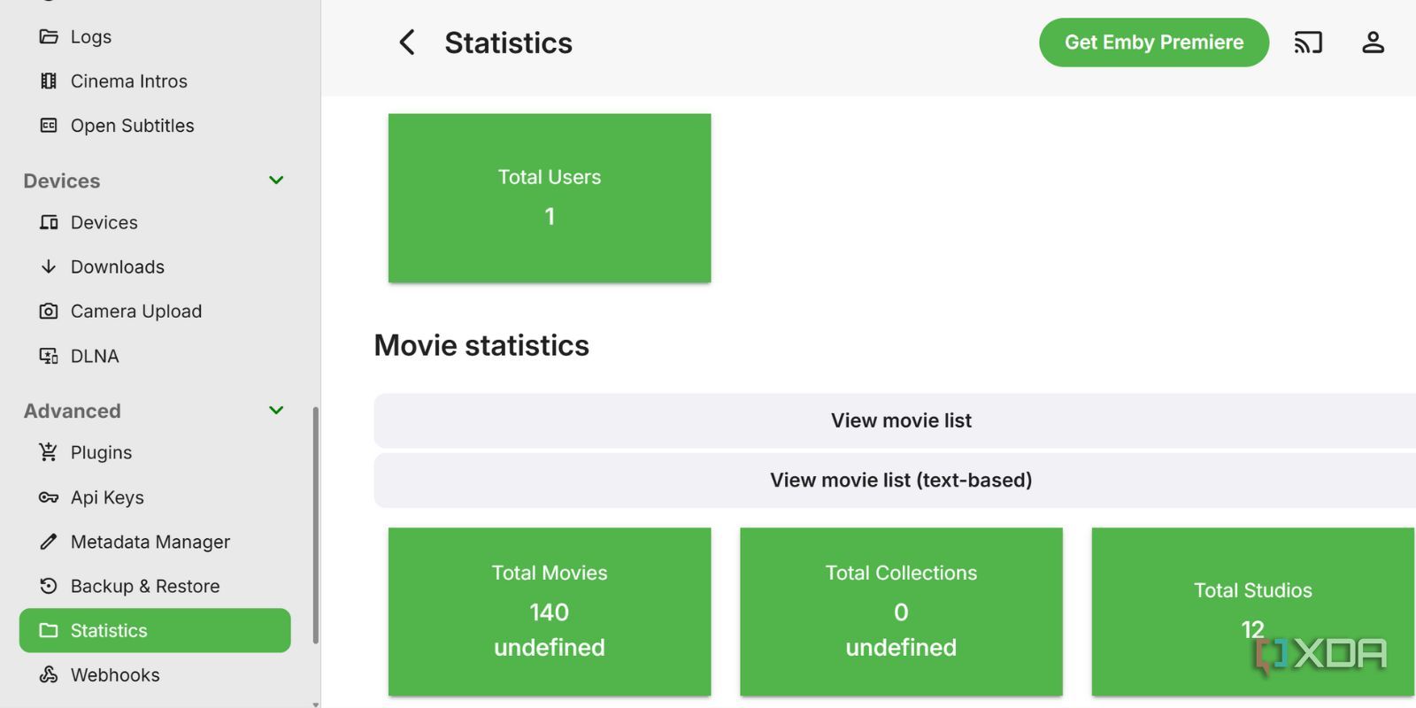 screenshot of emby stats plugin page