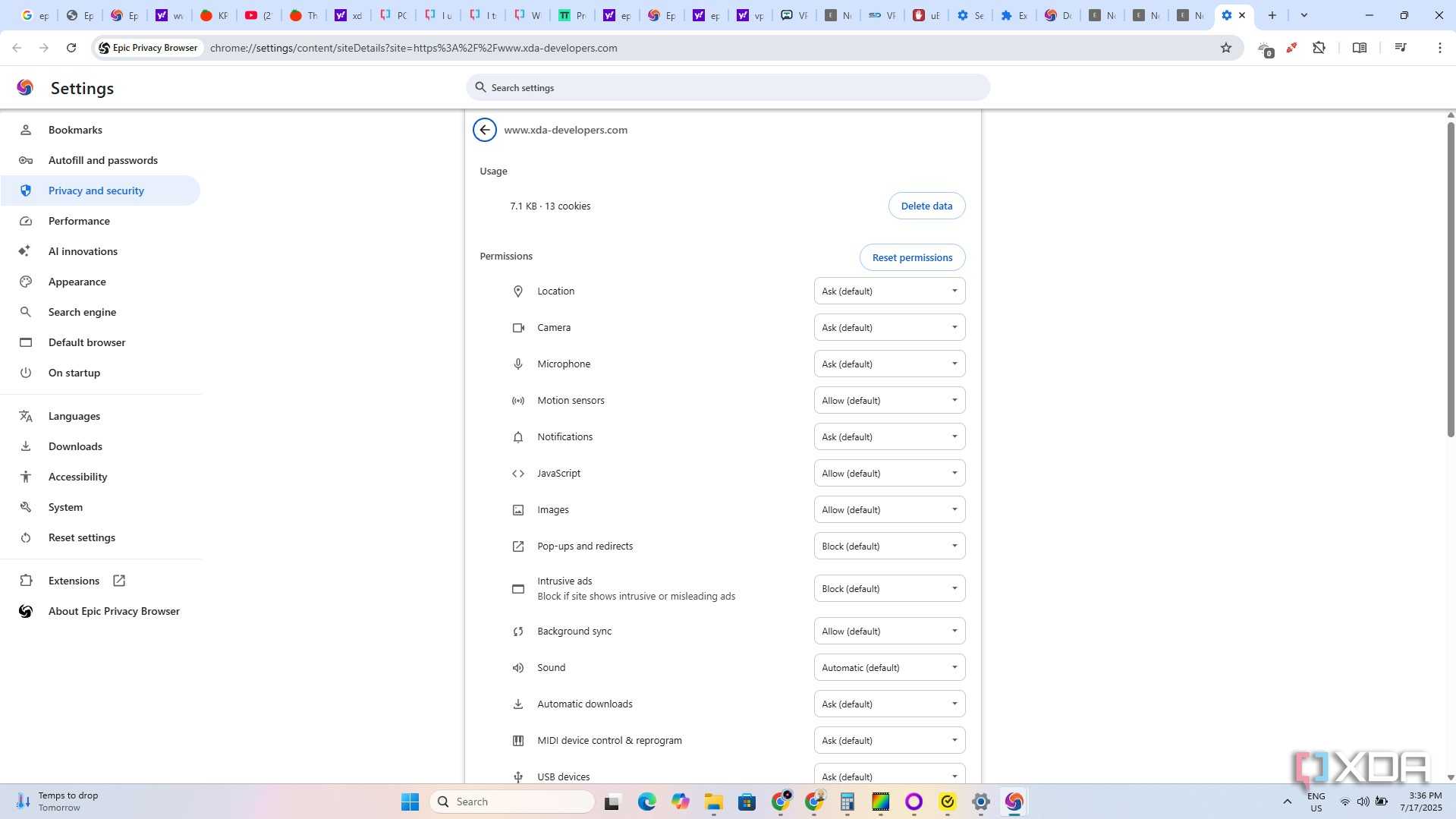 Epic Browser Ad blocker 3 Site settings