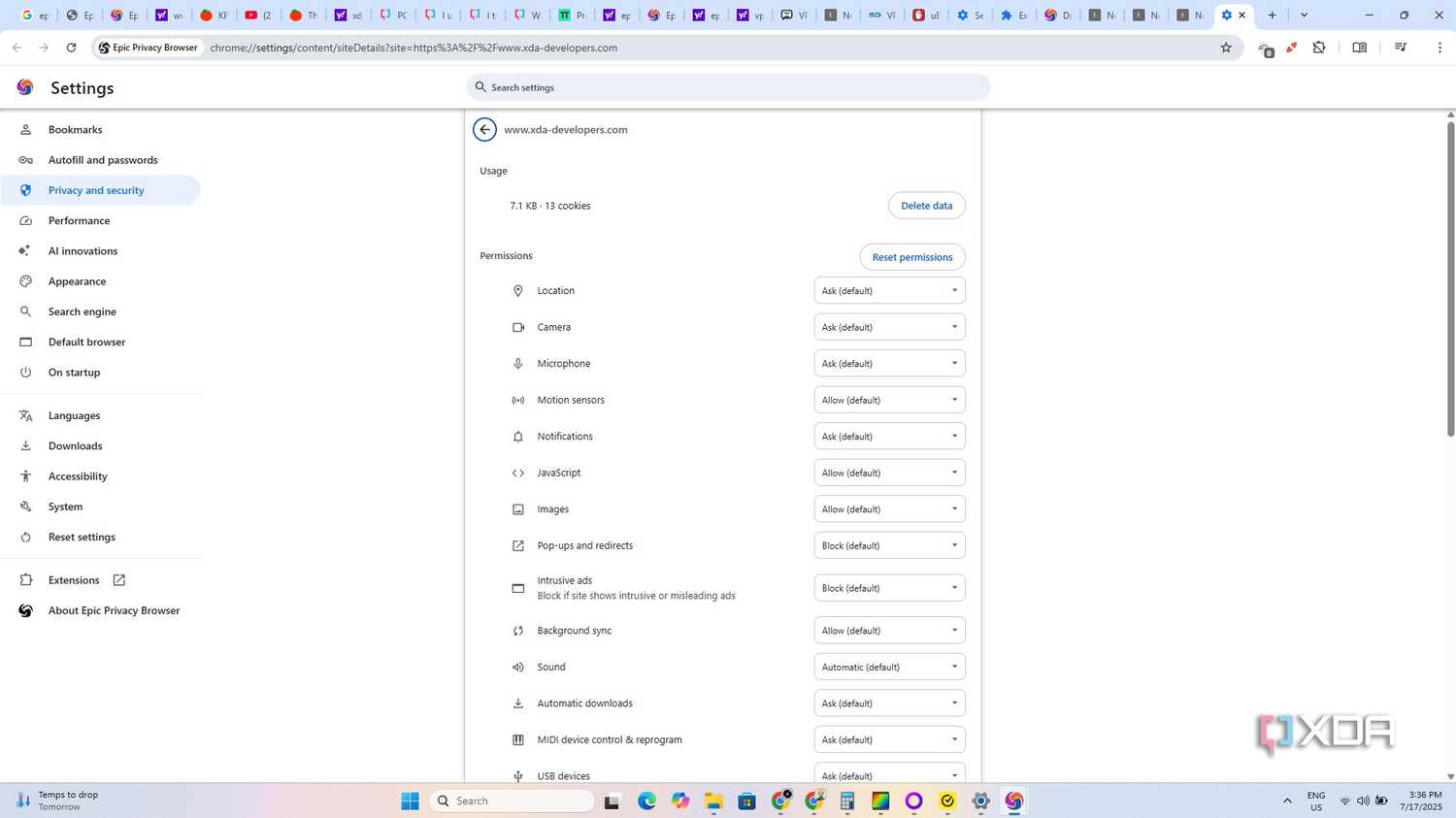Epic Browser Ad blocker 3 Site settings